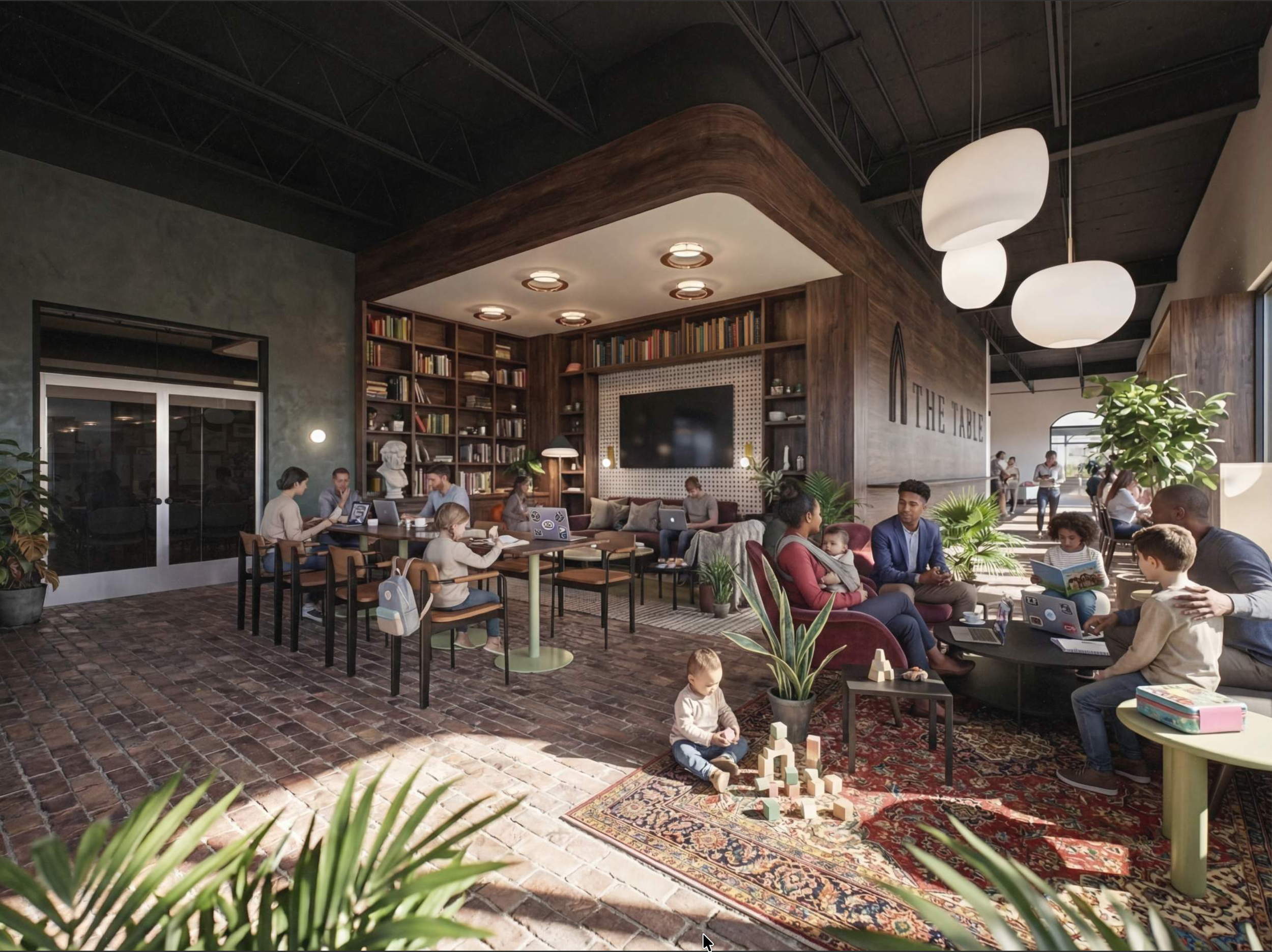 Indoor cafe filled with people sitting at tables, reading, working on laptops, and socializing, with shelves of books, large hanging light fixtures, and large plants, creating a warm and inviting atmosphere.