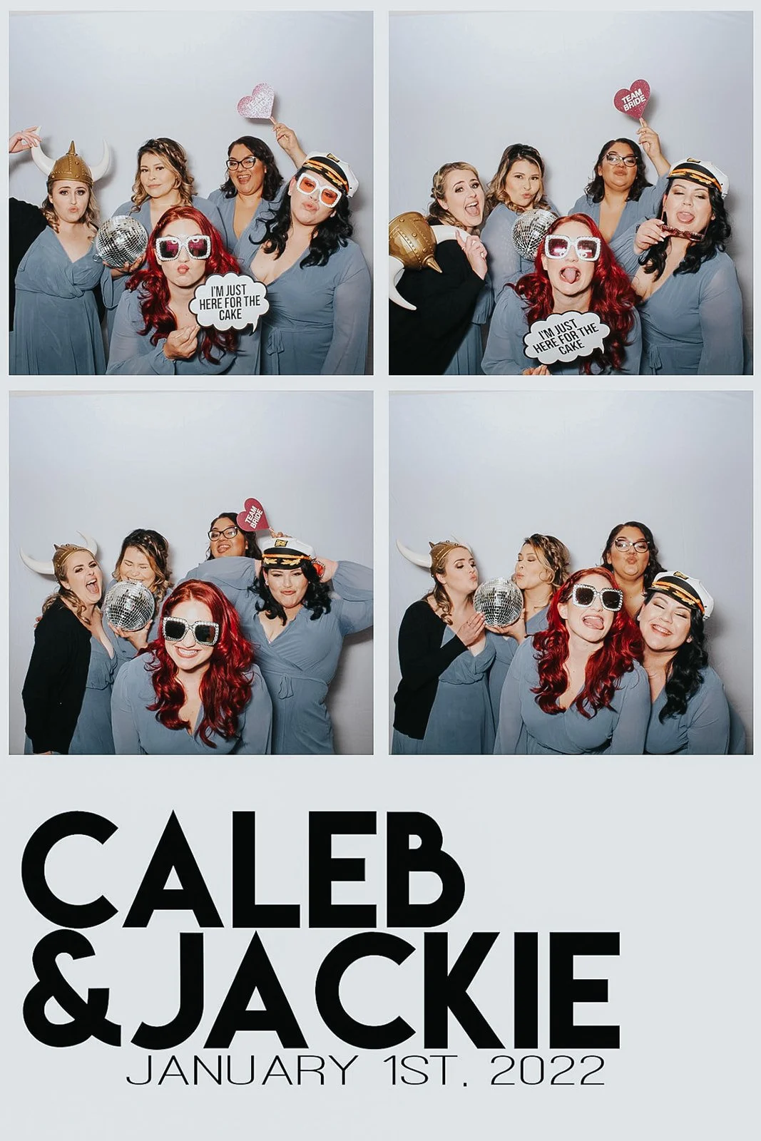 Photo booth strip with four pictures of women celebrating a wedding, wearing fun accessories like Viking helmets, sunglasses, and holding props like a disco ball and signs that read 'I'm just here for the cake' and 'Team Bride.' The bottom part of th