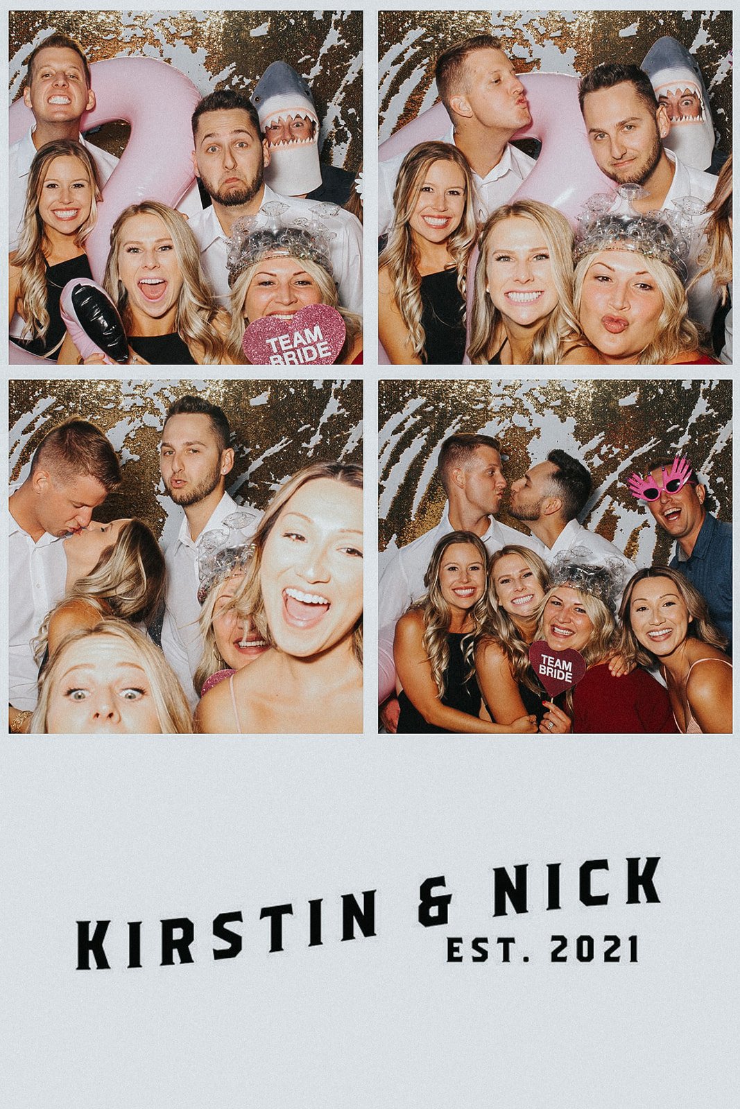 Photo booth collage of friends celebrating a wedding, with various props and signs like "team bride," and kissing photos. Text at bottom reads "Kirstin & Nick Est. 2021."