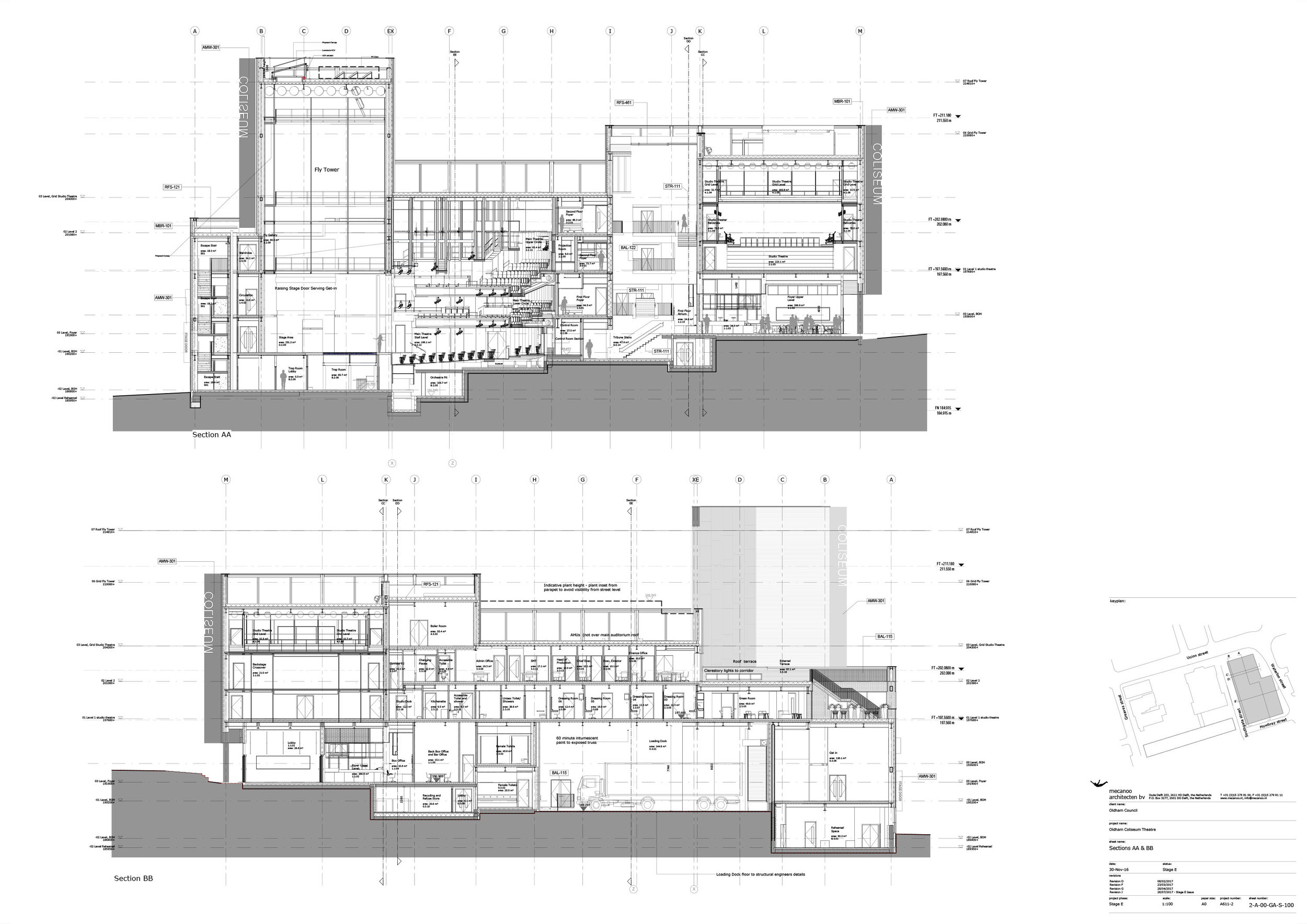 Drawings below comprise indicative samples of drawings coordinated with wider design team for RIBA Stage E, in preparation for tender and novated architectural services. General Arrangement drawing - Long Sections AA & BB View drawing