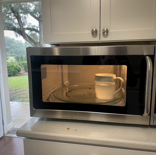 microwave running with cold untouched plate of food inside