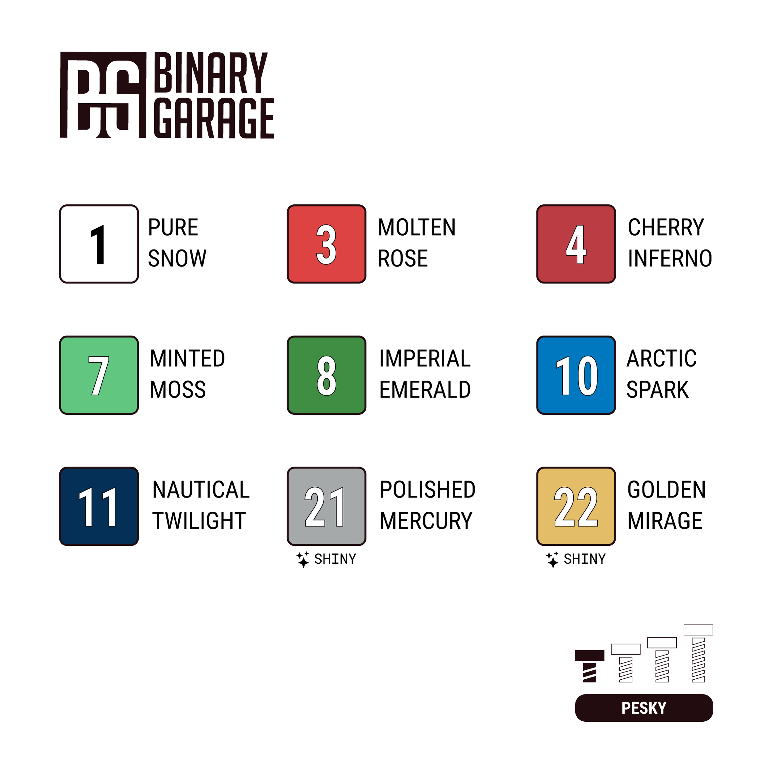 Lockup Gift Card Holder swatch chart showing colors: Pure Snow, Molten Rose, Cherry Inferno, Minted Moss, Imperial Emerald, Arctic Spark, Nautical Twilight, Polished Mercury, and Golden Mirage.