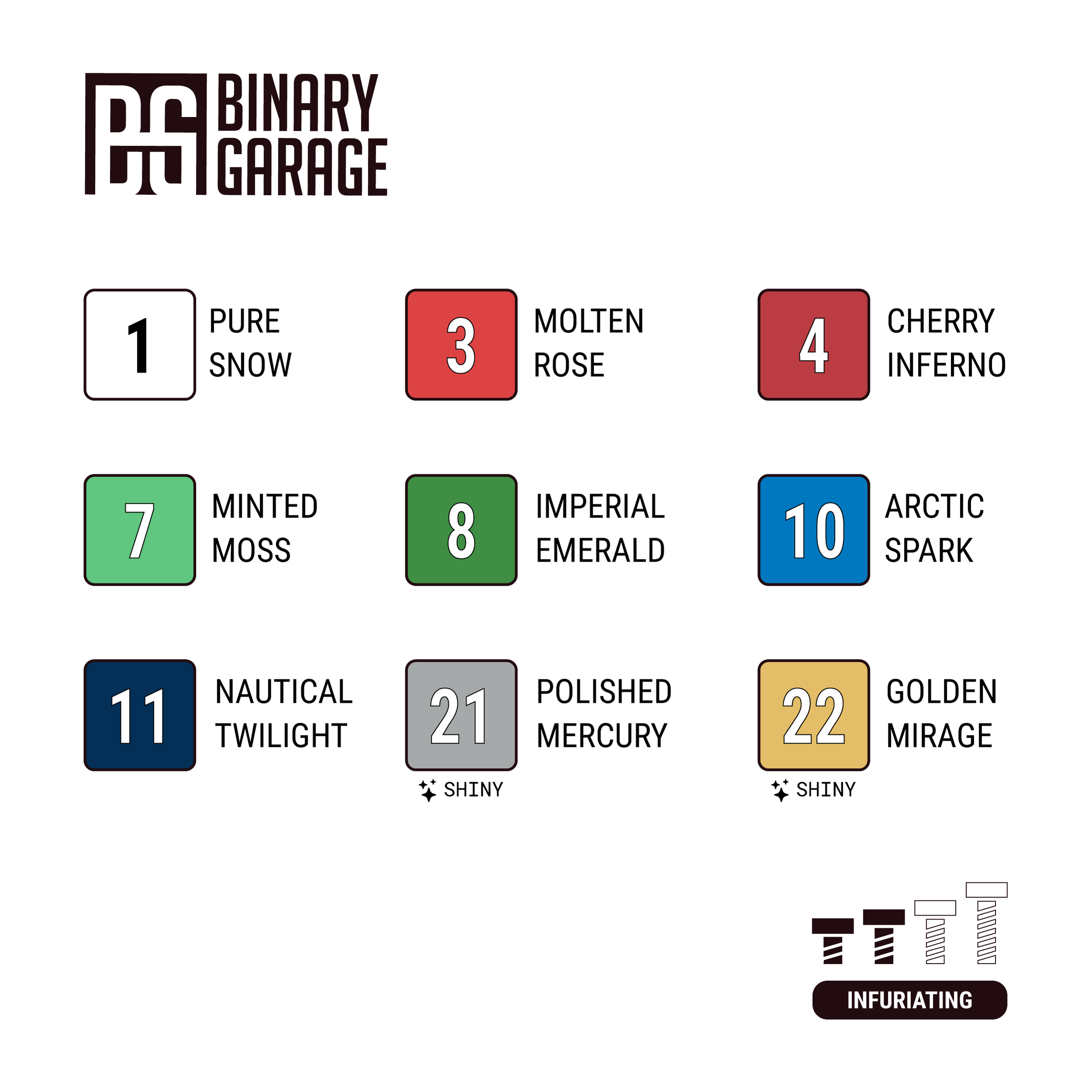 Lockup Duo holiday swatch chart with all colors: red, green, gold, silver, white, blue. Puzzle money holders for two gift cards or cash with 40 screws. Perfect stocking stuffer or gag gift.