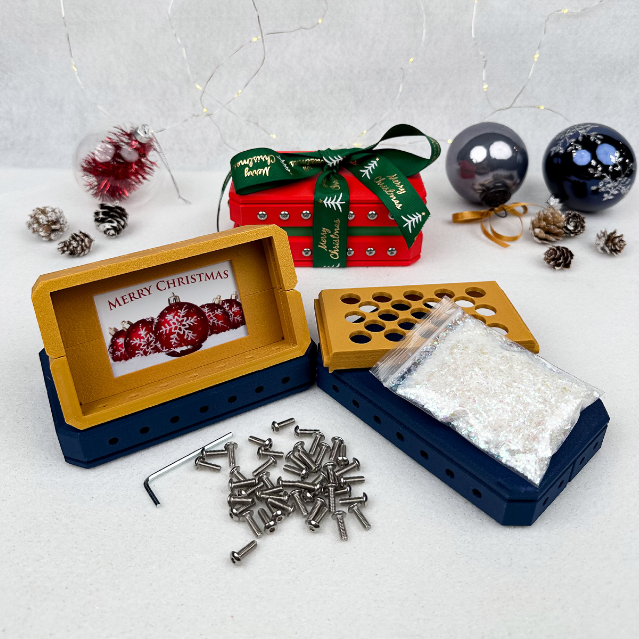 Luxury Annoying Gift Box assembly with gift card and glitter bomb. 44-screw prank box for cash or gift cards, perfect for Christmas, white elephant, and Secret Santa gifting.