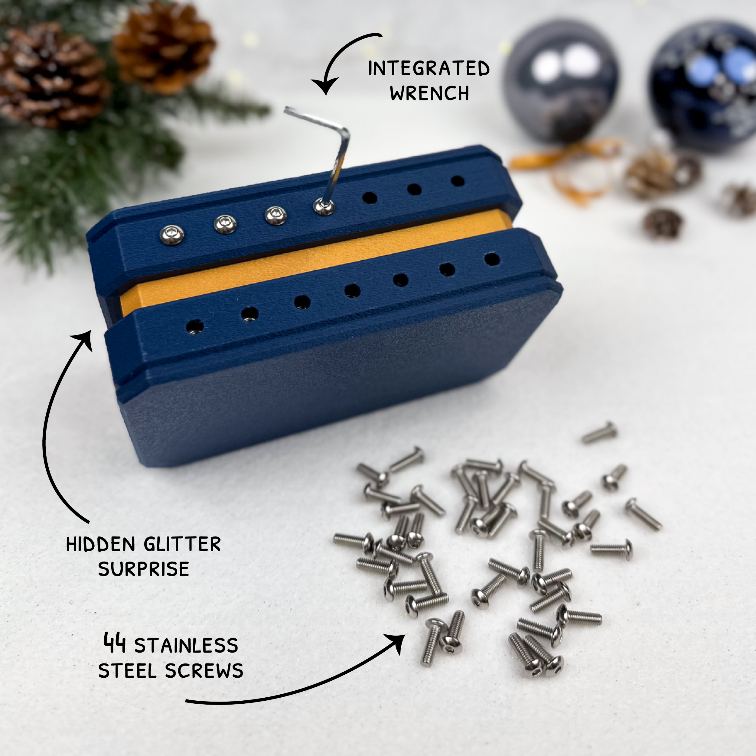 Luxury Annoying Gift Box in blue and gold with 44 screws, wrench, and glitter bomb. Interactive holiday prank box for gift cards or cash, great for Secret Santa and Christmas gifting.