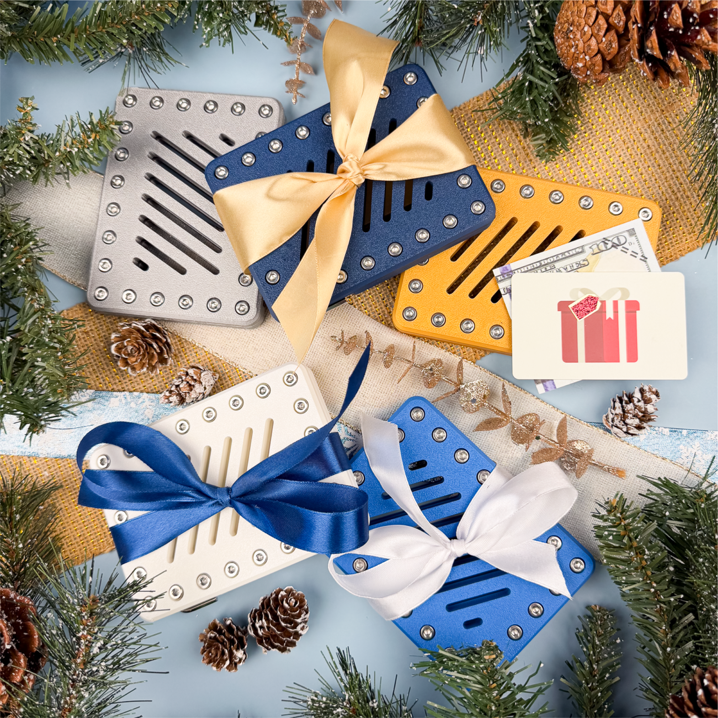 Holiday Lockup Gift Card Holders in Polished Mercury, Nautical Twilight, Arctic Spark, Pure Snow, and Golden Mirage. A festive money holder for cash or gift cards, gag gift or stocking stuffer.
