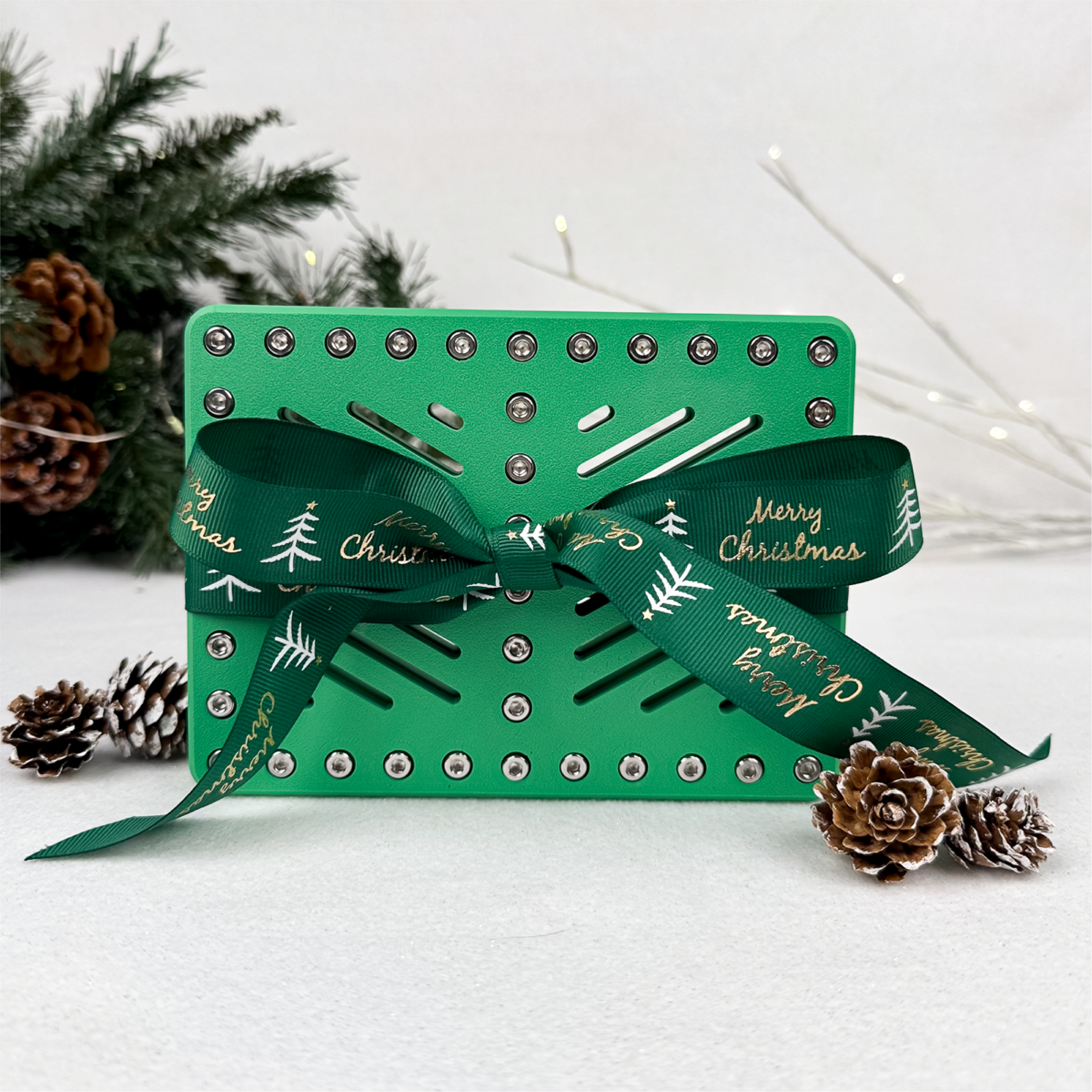 Minted Moss Lockup Duo holiday edition. Holds two gift cards or cash, locked with 40 screws. A festive puzzle money holder for Christmas prank gifts, stocking stuffers, or Secret Santa fun.
