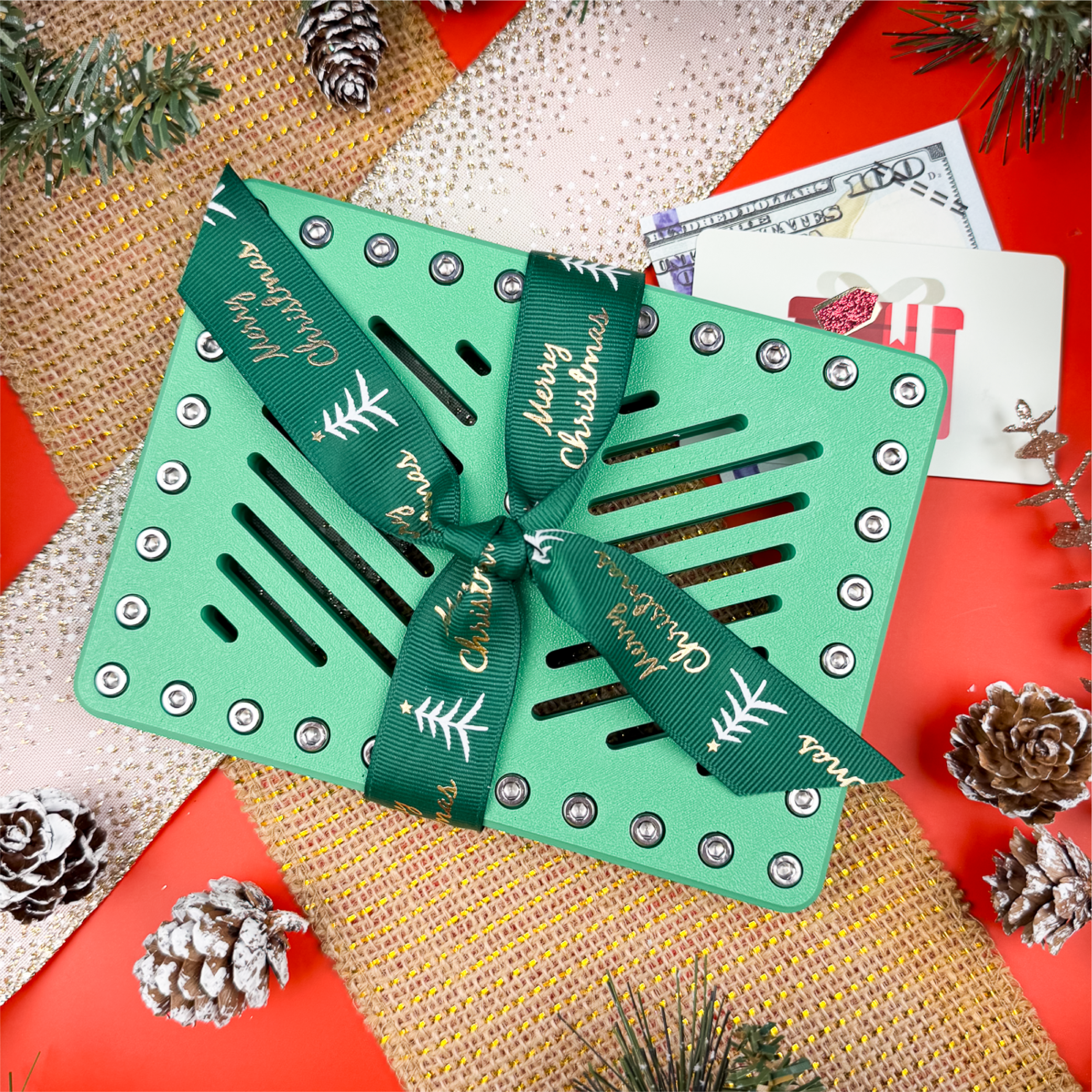Minted Moss Lockup Duo with ribbon. Holds two gift cards or cash behind 40 screws for a fun holiday challenge. Perfect Christmas gag gift, Secret Santa, or stocking stuffer.