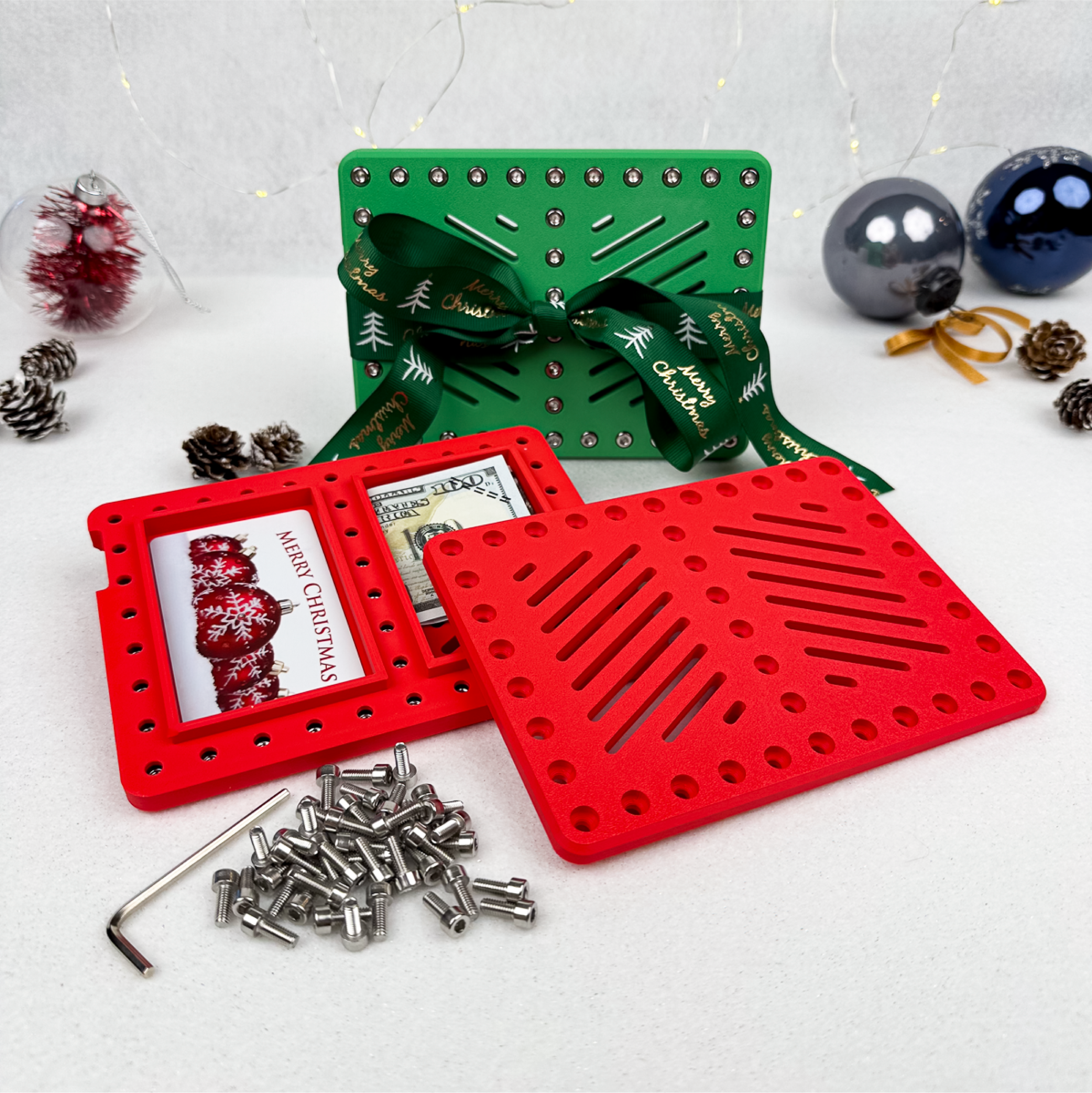 Molten Rose Lockup Duo assembly with screws and hex key. Holds two gift cards or cash, creating a holiday puzzle challenge. Perfect Christmas prank, Secret Santa, or stocking stuffer.