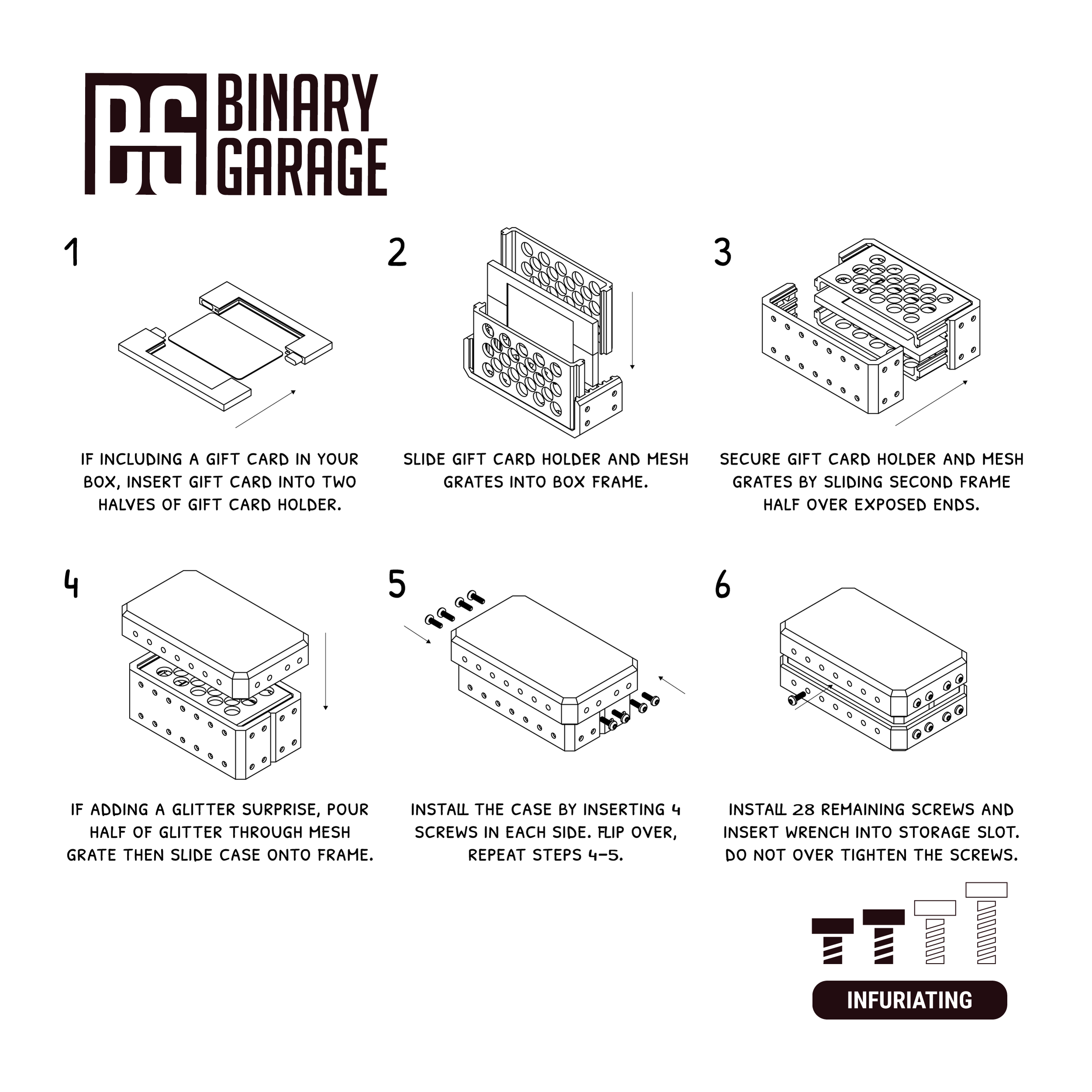 Illustrated instructions for Luxury Annoying Gift Box with 44 screws and glitter bomb. Holiday prank gift card or cash holder, great for Christmas, Secret Santa, and gag gift exchanges.