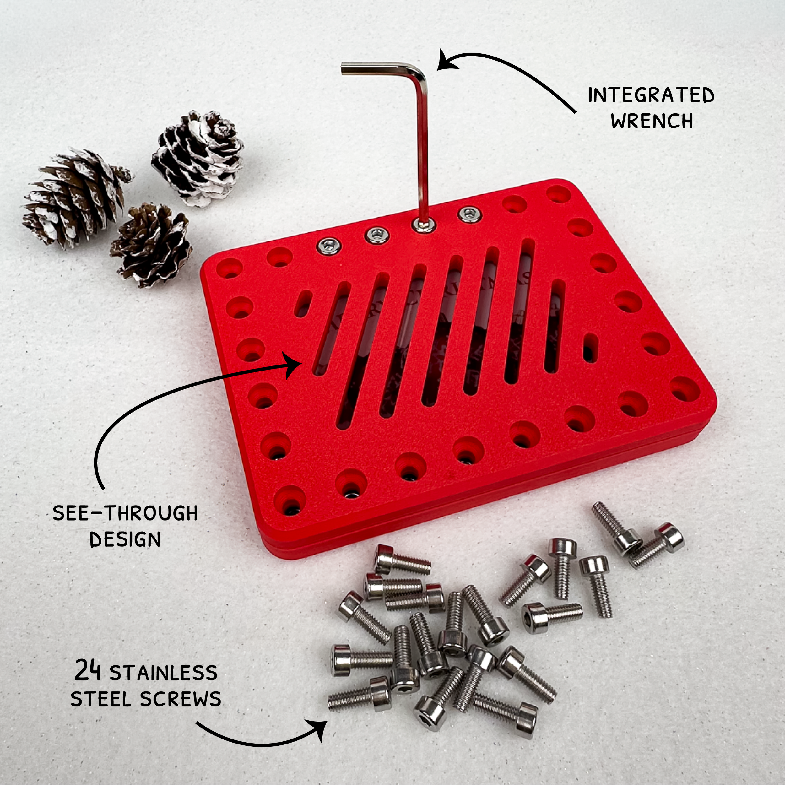 Molten Rose Lockup Gift Card Holder closeup with labeled features: screws, hex key, see-through slots. Holiday puzzle box makes gift cards or cash a fun Christmas challenge, prank, or Secret Santa.