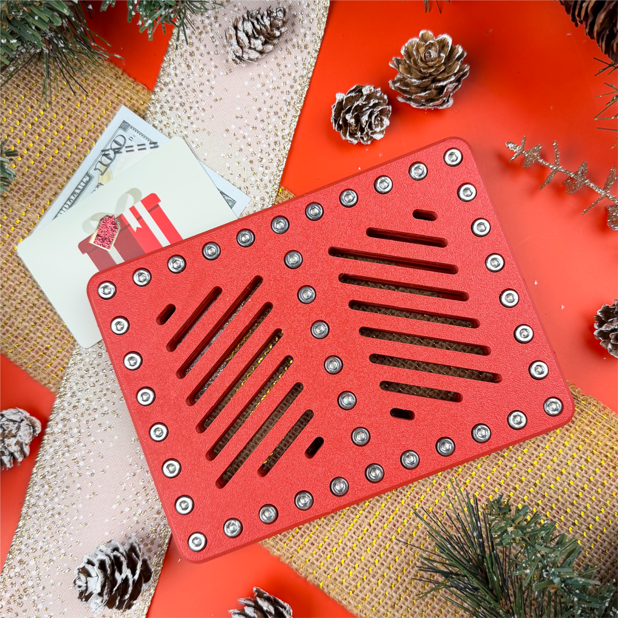 Molten Rose Lockup Duo holiday edition with 40 screws. Holds two gift cards or cash, turning Christmas gifting into a puzzle challenge. Perfect prank gift, Secret Santa, or stocking stuffer.