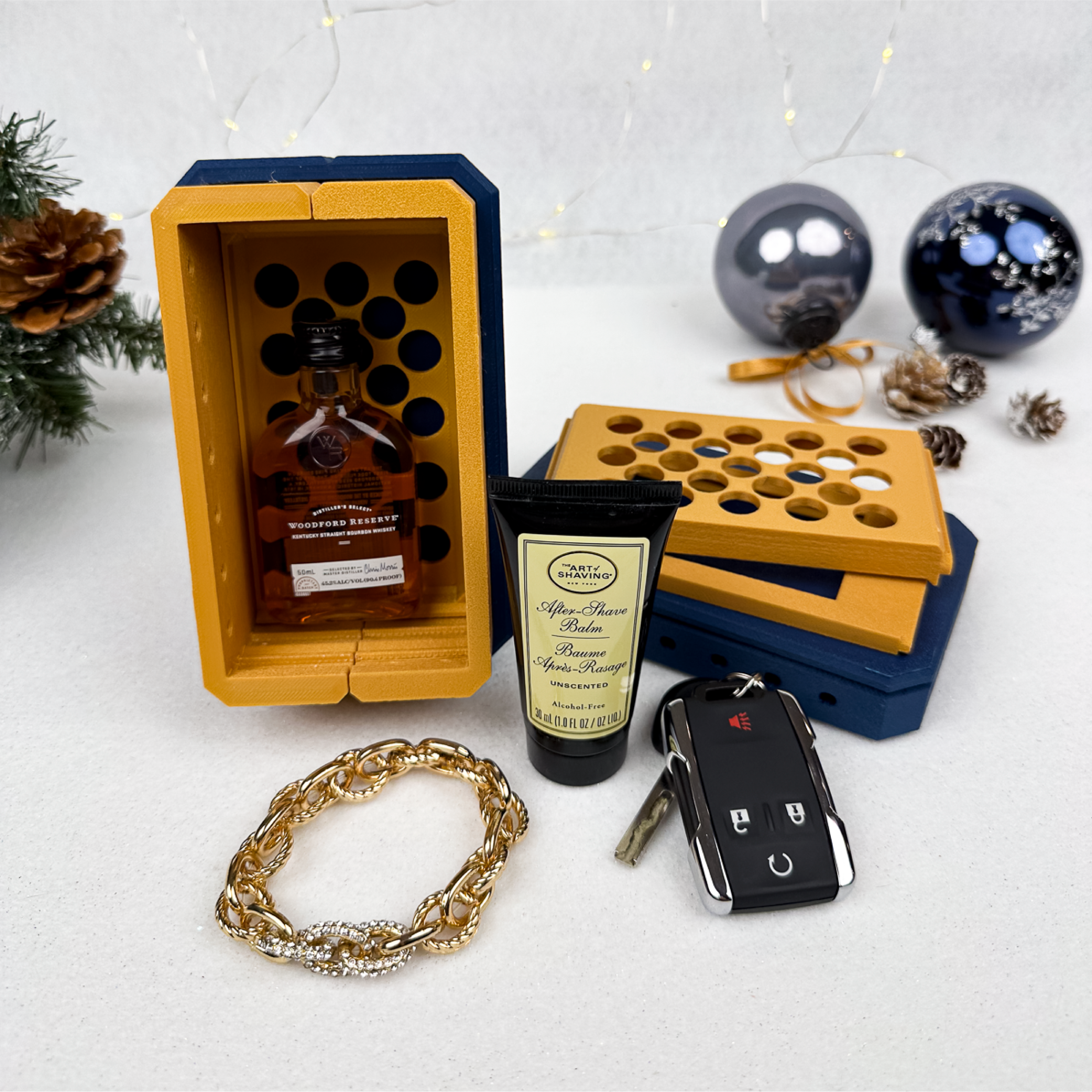 Luxury Annoying Gift Box in blue and gold, open to hold gift cards, cash, or small gifts. 44-screw holiday prank box with glitter bomb, great for Christmas, Secret Santa, or gag gifts.