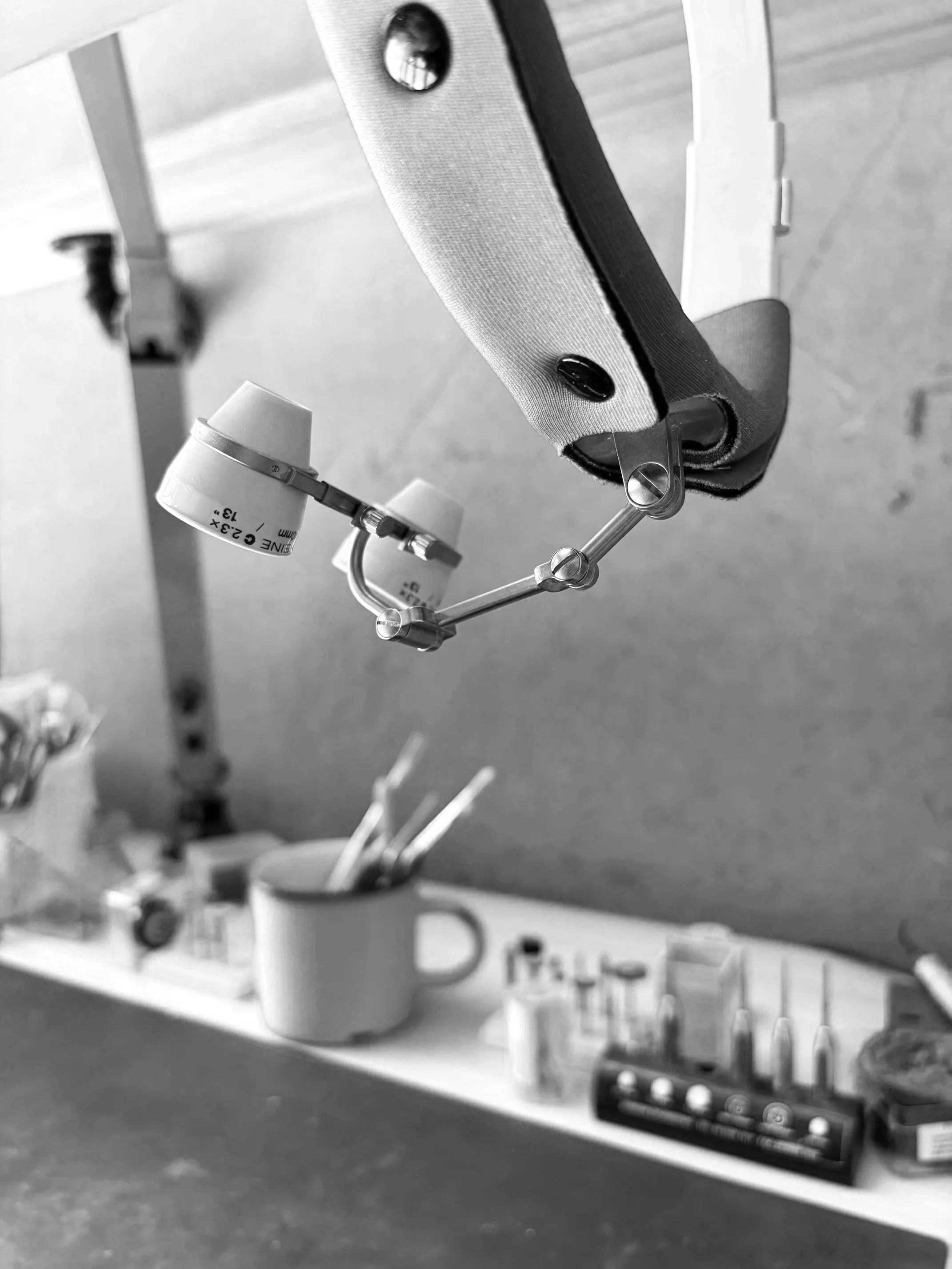 black and white photo of ceramic desk and tools at Adelaide Laboratories