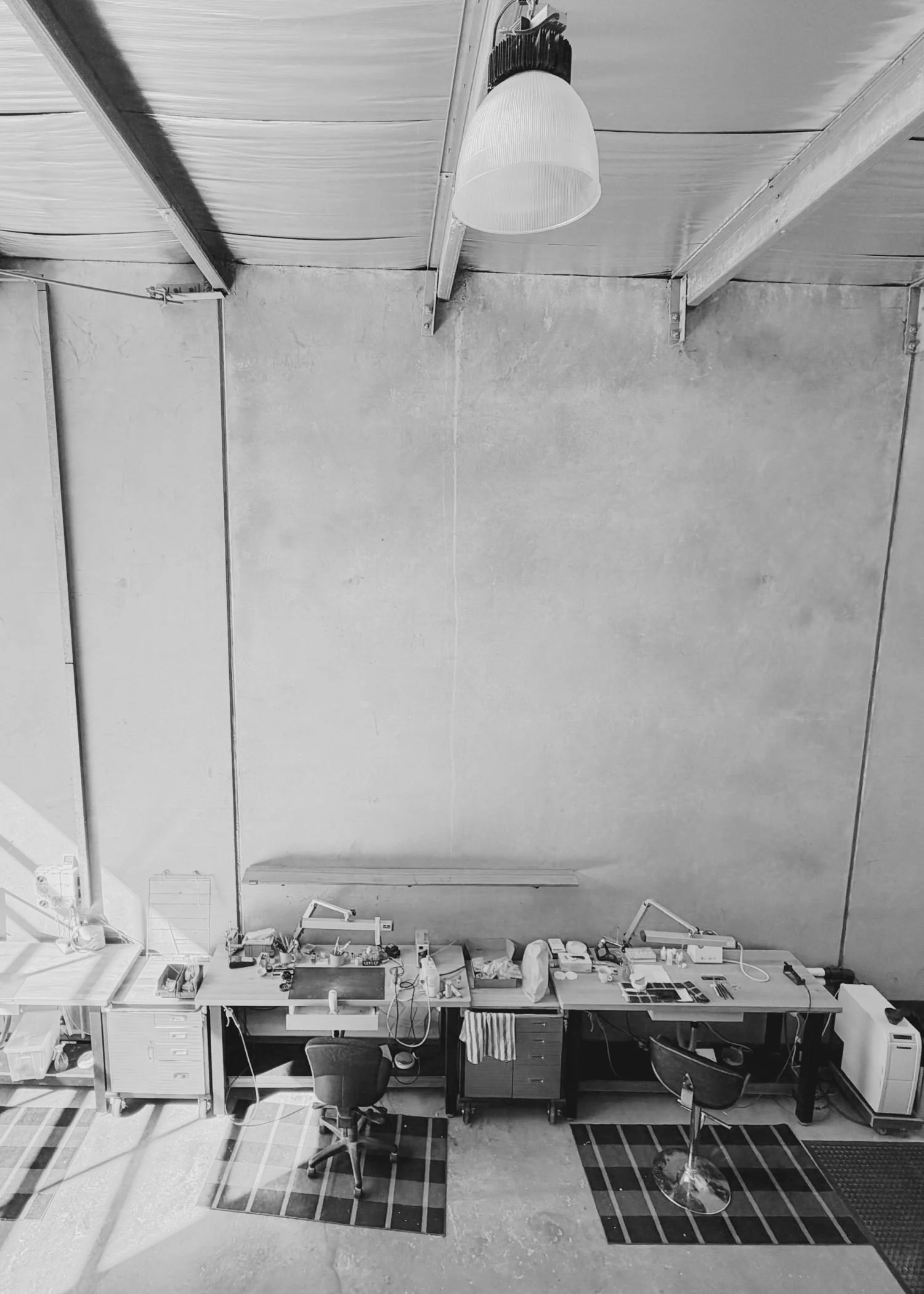 black and white birds eye view of ceramic lab at Adelaide Laboratories