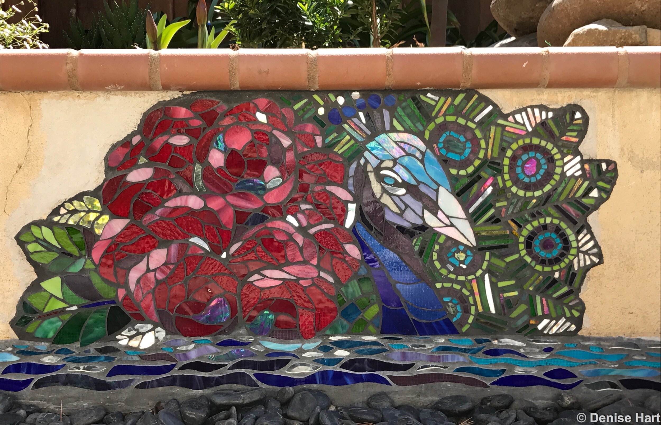 Peacock and flower glass and mirror mosaic