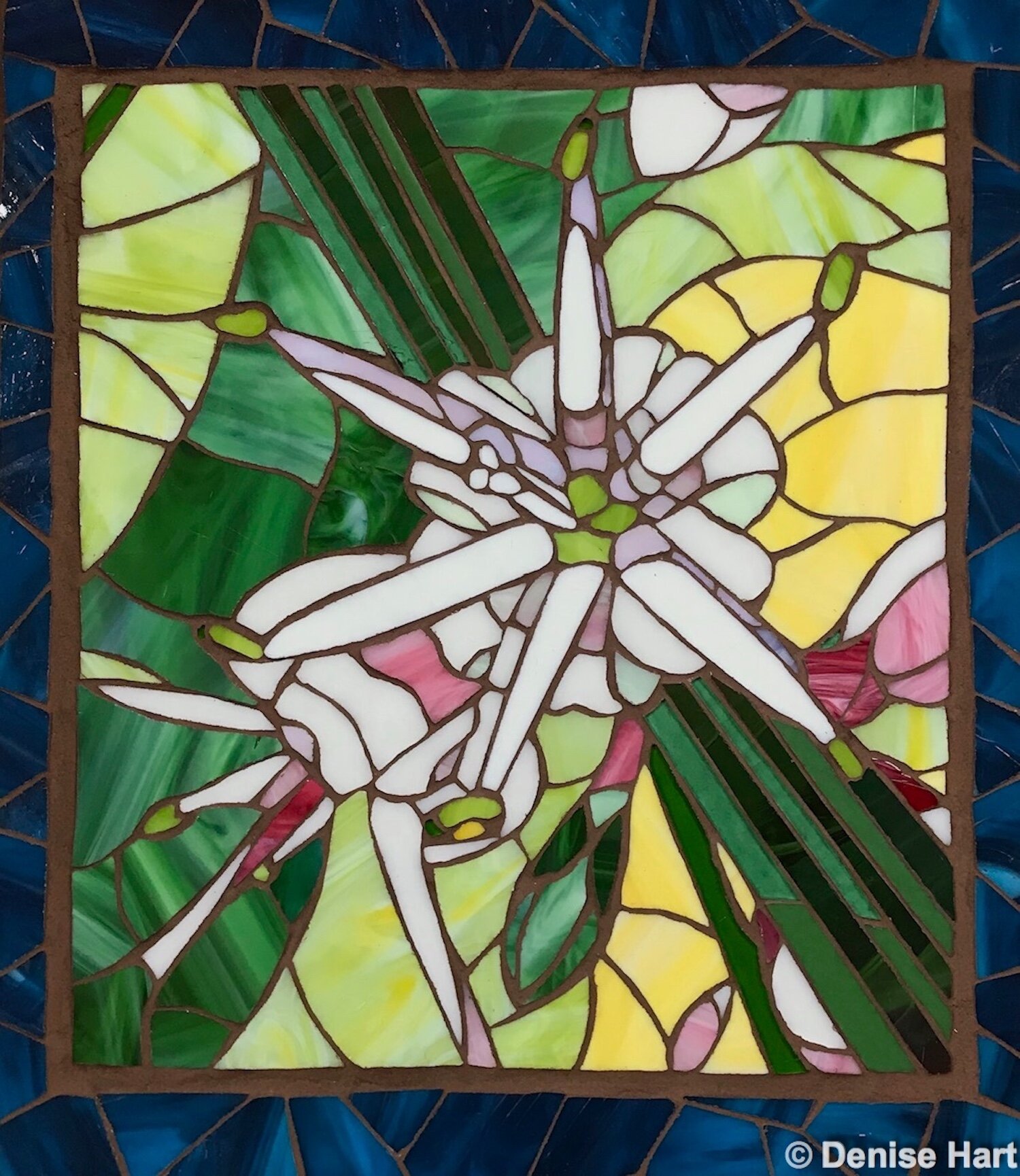 Cordyline australis blossoms, glass