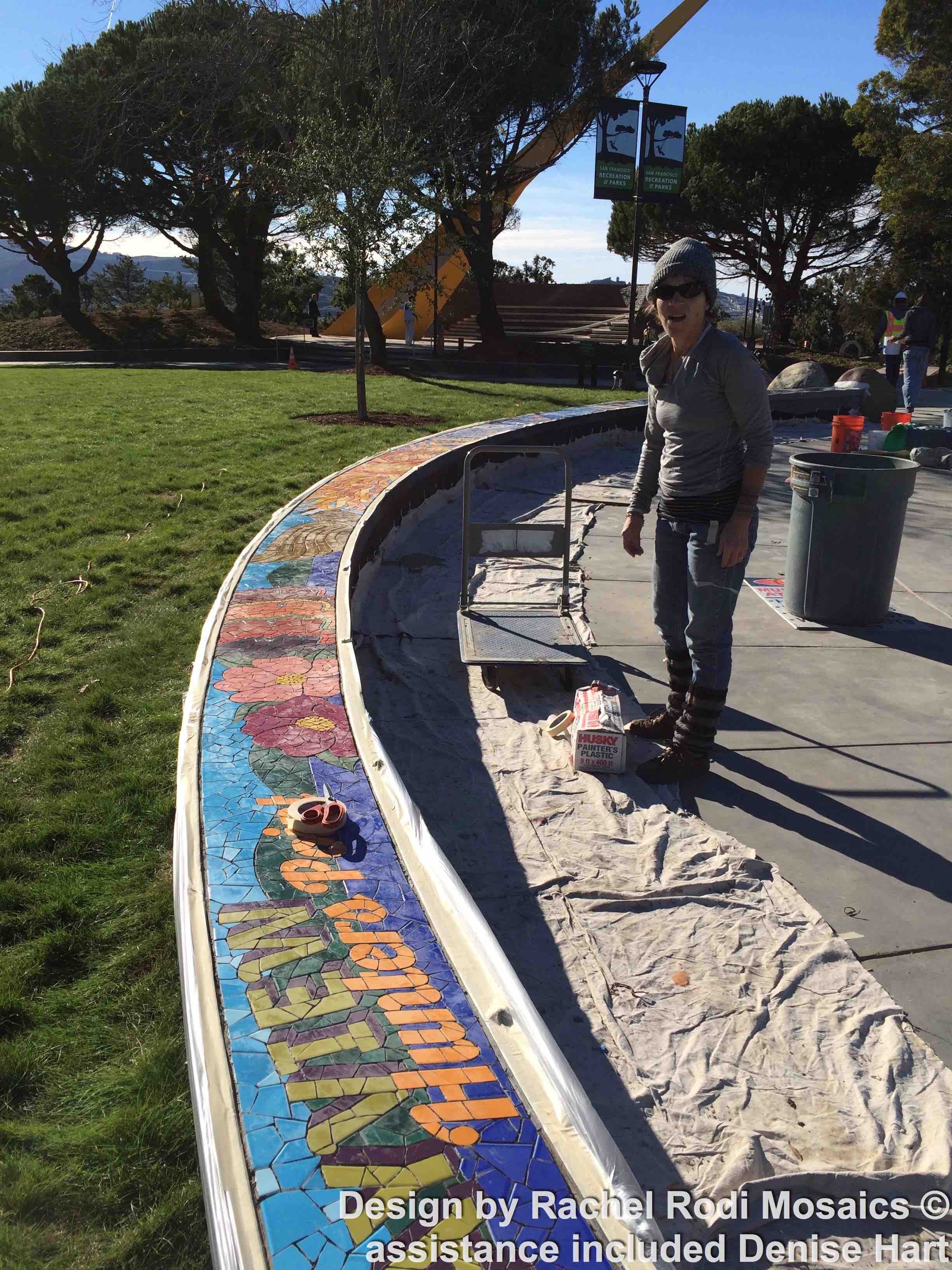 Bayview Hunter's Point mosaic seatwall installation, tile
