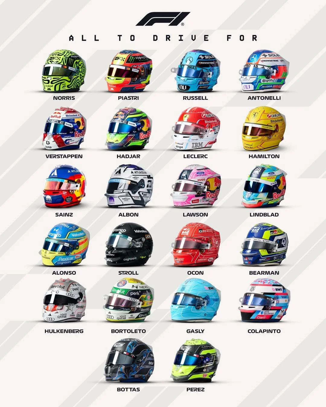 The 2026 F1 Grid Helmets