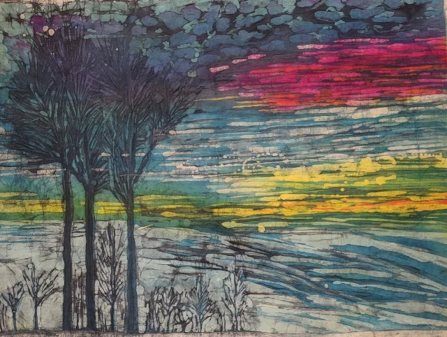 "Sunrise on White Oak Mountain" (24" x 32" batik on 100% cotton) $400