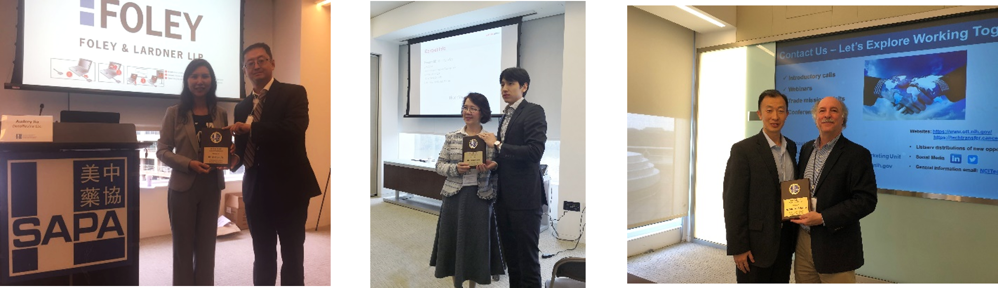 三位主持人为嘉宾们颁奖: 左(Dr. Jia与Yingda Wen); 中(Ms. Zhao与Chen Zhao); 右(Yujian Zhang与Dr. Salgaller)