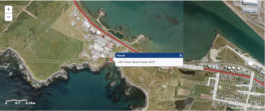 Aerial view showing the location of the site (marker at 244 Ocean Beach Road) relative to the Bluff township (Map source: Environment Southland’s Beacon mapping system).