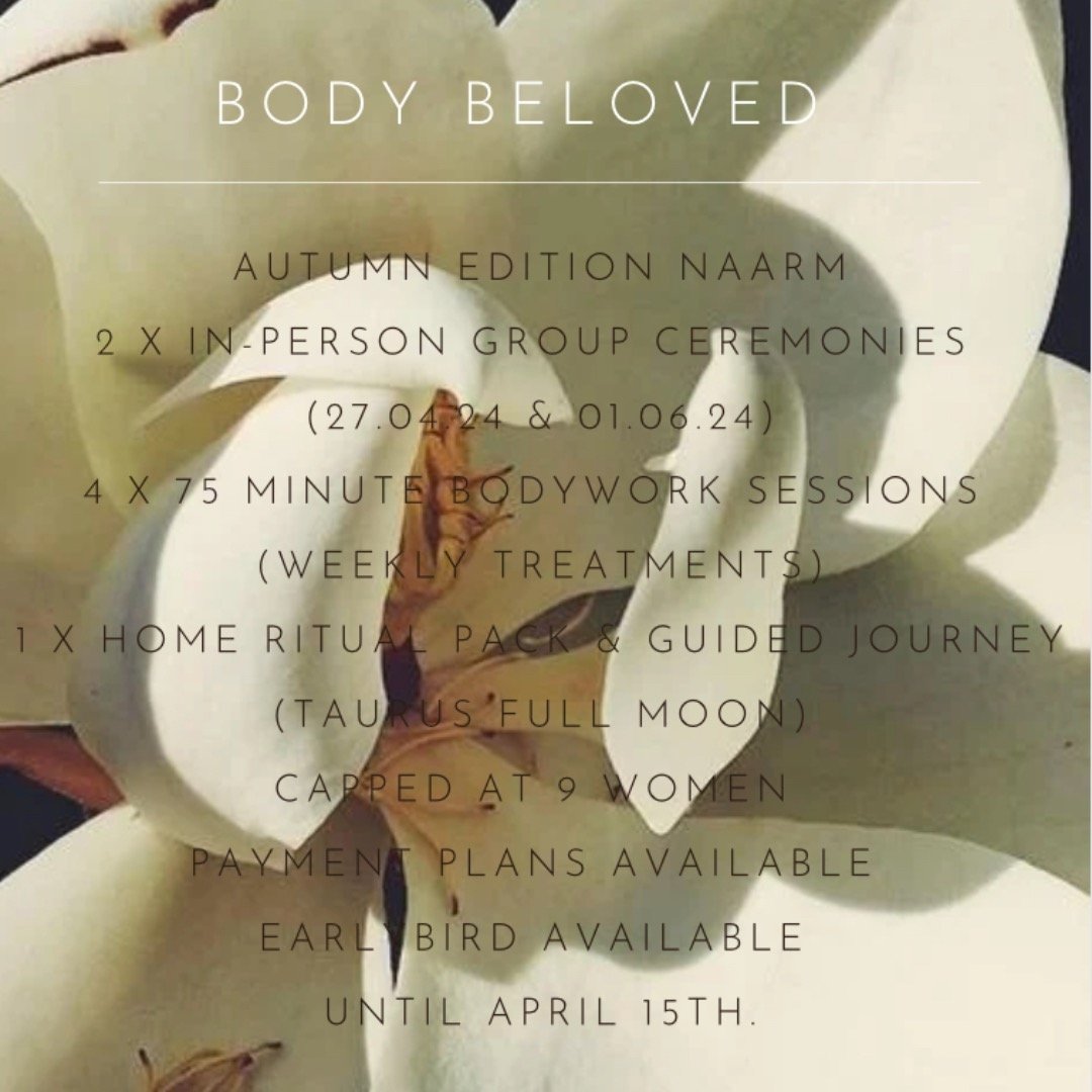 The final day for body beloveds earlybird is here sweet ones. This is a little breakdown of what this offering  entails ; 2 group ceremonies held here in Naarm, 4 weekly bodywork sessions, a full moon ritual pack with a guided journey &amp; weekly em
