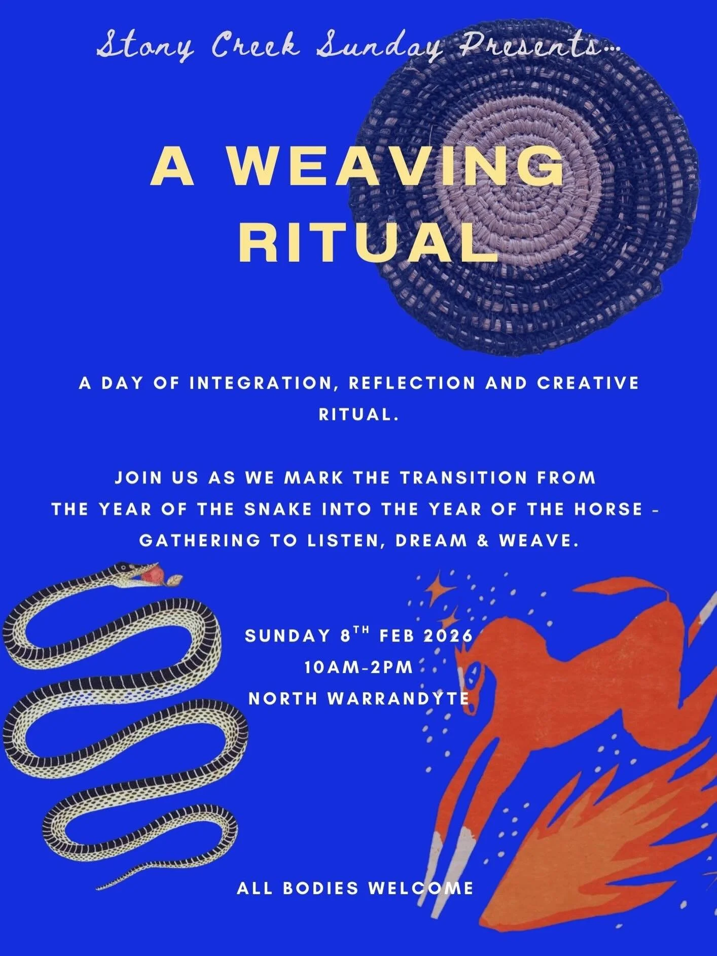 Stony Creek Sunday Presents
A Weaving Ritual
&nbsp;
Hosted by @kitty___lakshmi &amp; @padmini_healingarts in our beautiful home among the trees.
&nbsp;
You are warmly invited to gather with us for A Weaving Ritual &mdash; a home-hosted day of reflect