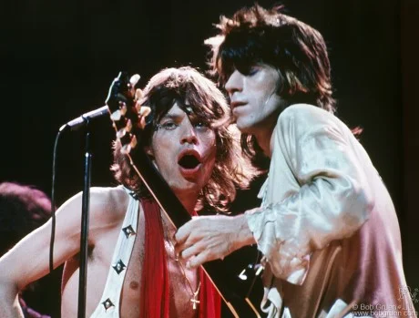 Mick Jagger and Keith Richards of The Rolling Stones close up on stage at MSG, NYC. July 24, 1972 by Bob Gruen
