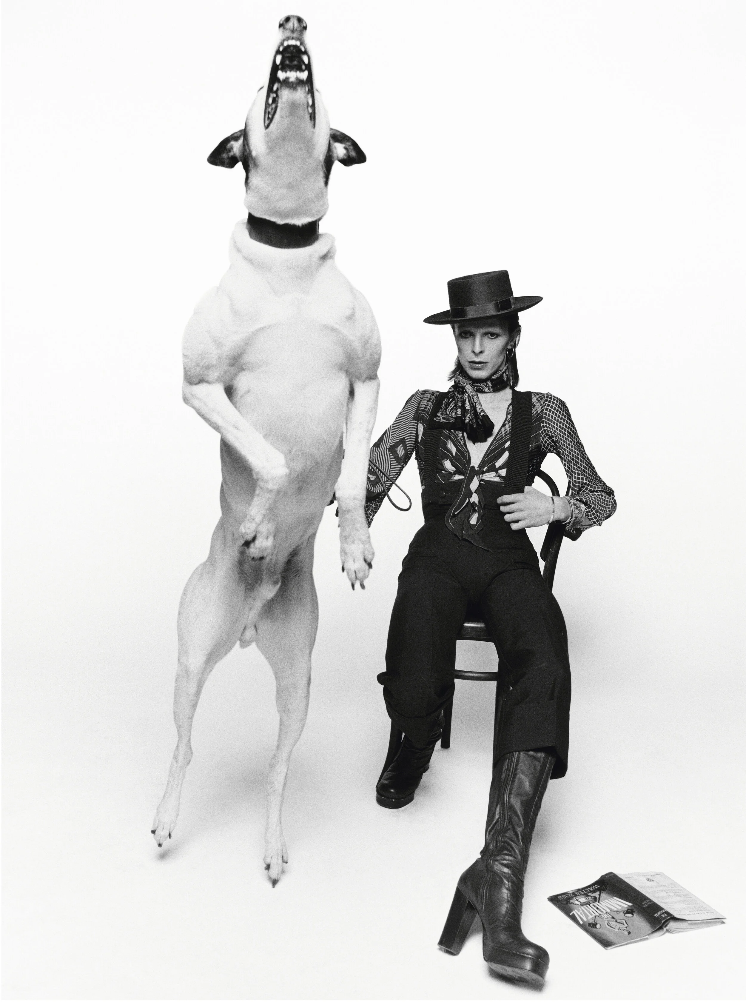 Singer David Bowie poses with a large barking dog for the artwork of his 1974 album 'Diamond Dogs' in London.