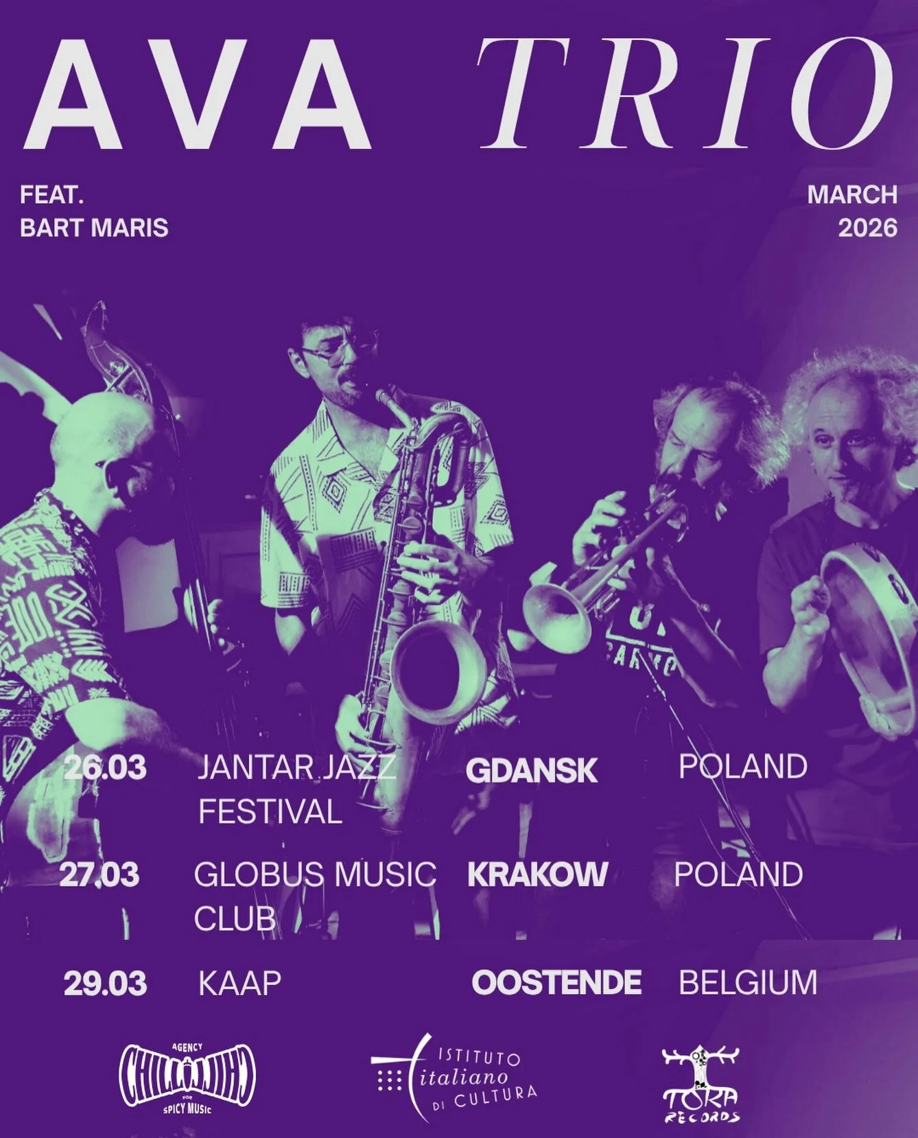 AVA Trio feat. Bart Maris, is coming to Poland and Belgium! 🇵🇱🇧🇪

Catch us:
26.03 Jantar Jazz Festival - Gdansk - PL @jazzjantar 
27.03 Globus Music Club - Krakow - PL (with the support of @iic_cracovia )
29.03 KAAP - Oostende - BE @kunstencentru