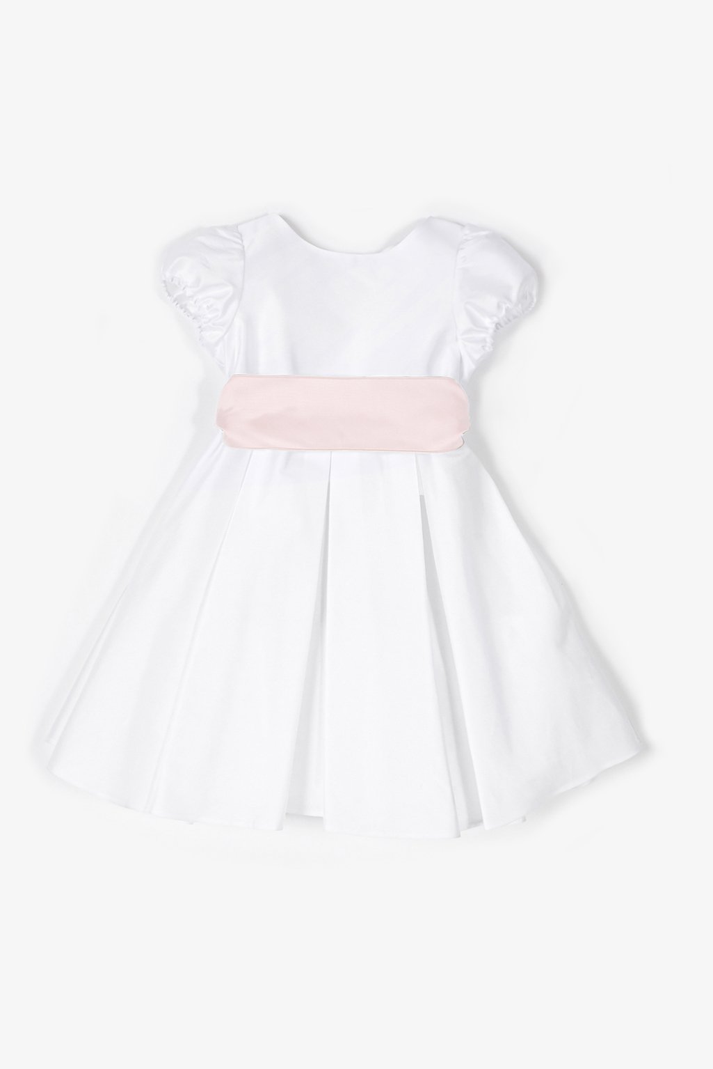 Vestito cerimonia bambina raso bianco a pieghe e cintura rosa