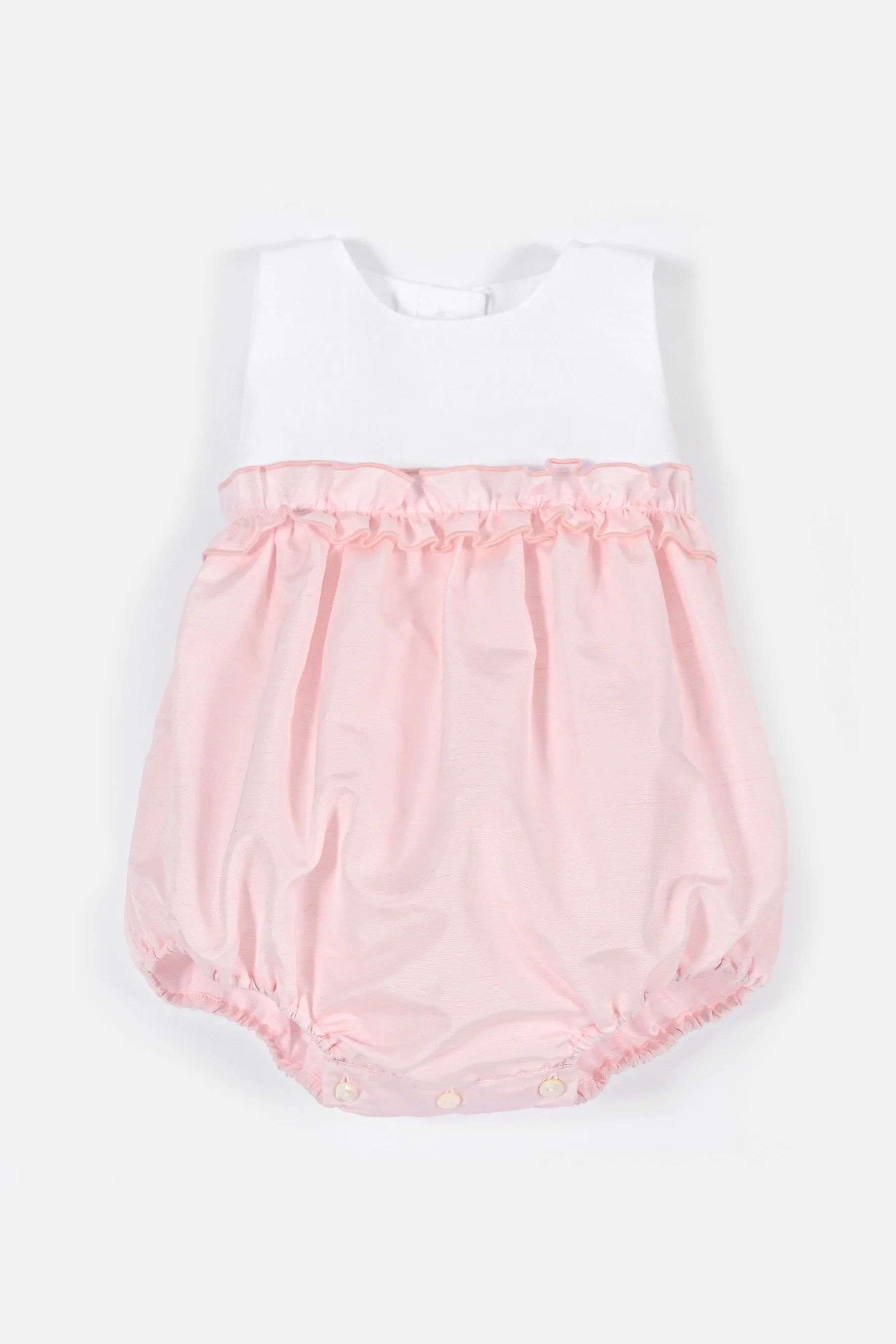 Pagliaccetto neonata raso bianco e rosa con rouches