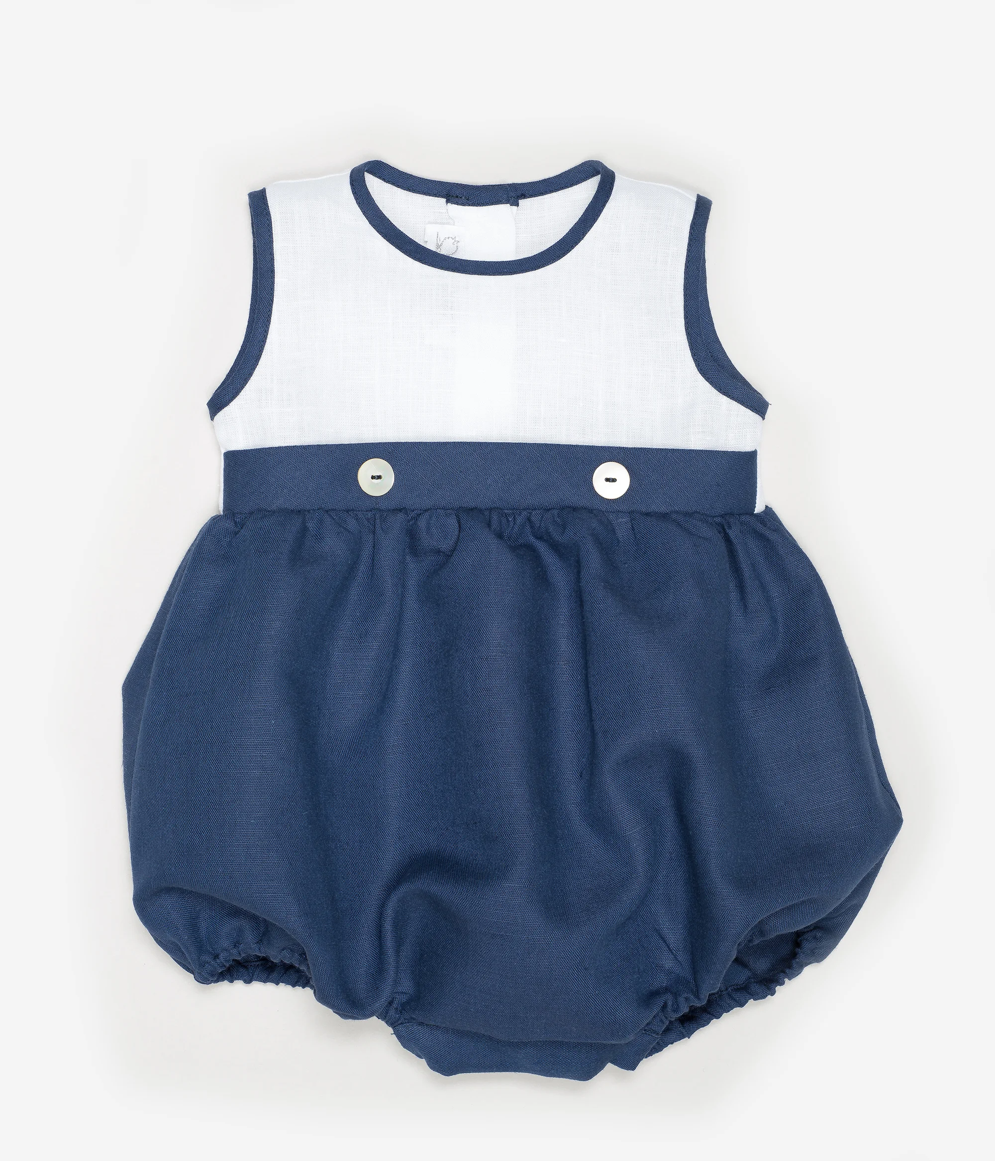 Pagliaccetto neonato in lino bianco e blu