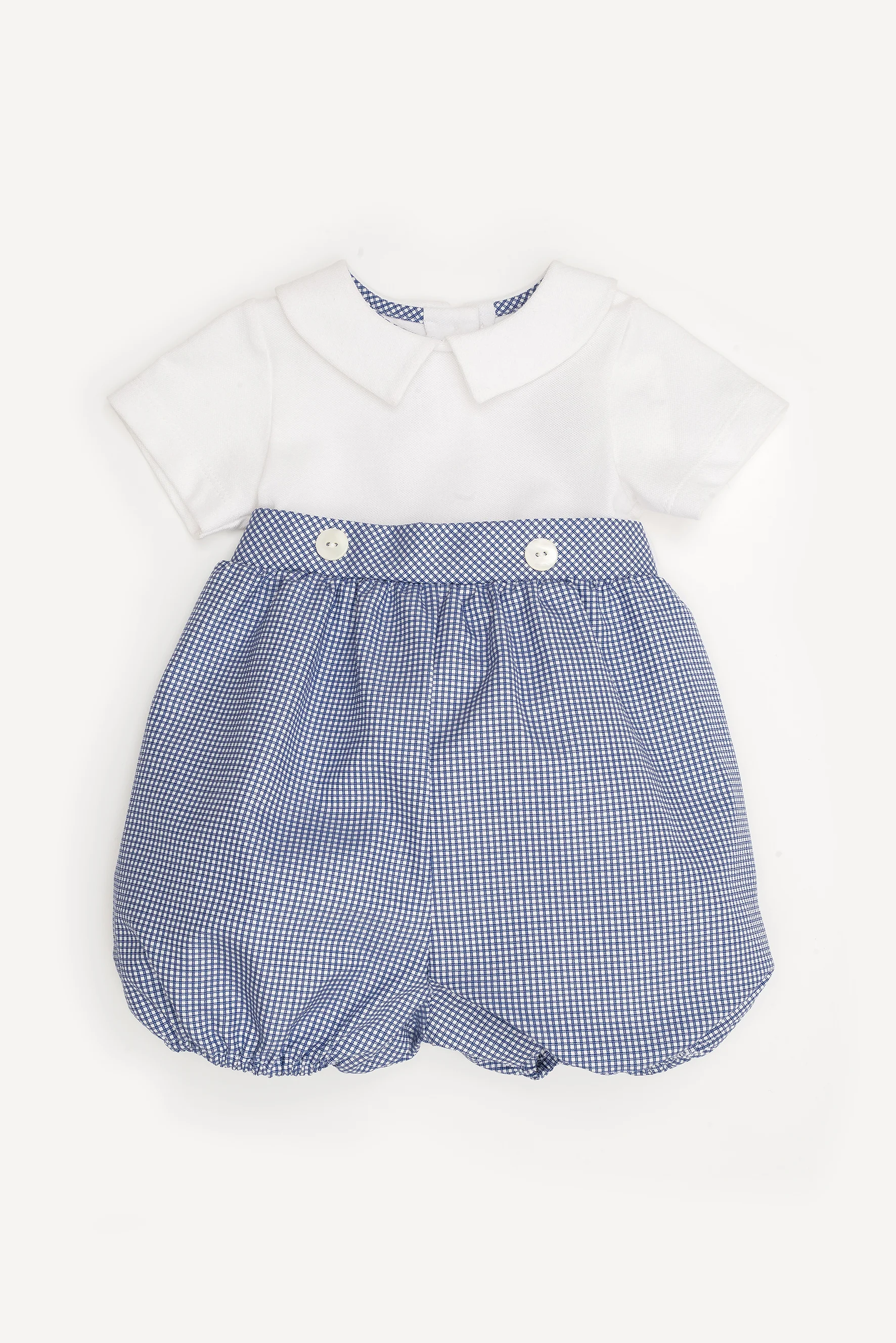 Pagliaccetto neonato in jersey e quadretti blu