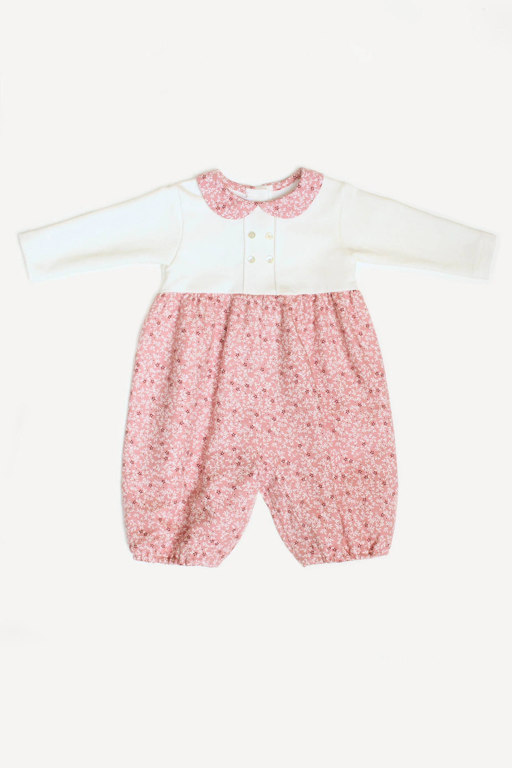 Pagliaccetto neonata in felpa panna e fiori rosa