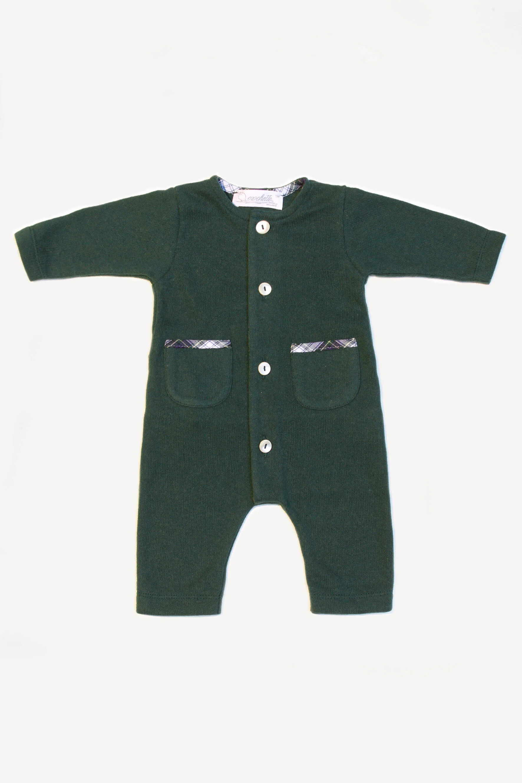 Tutina neonato in maglia verde e scozzese 