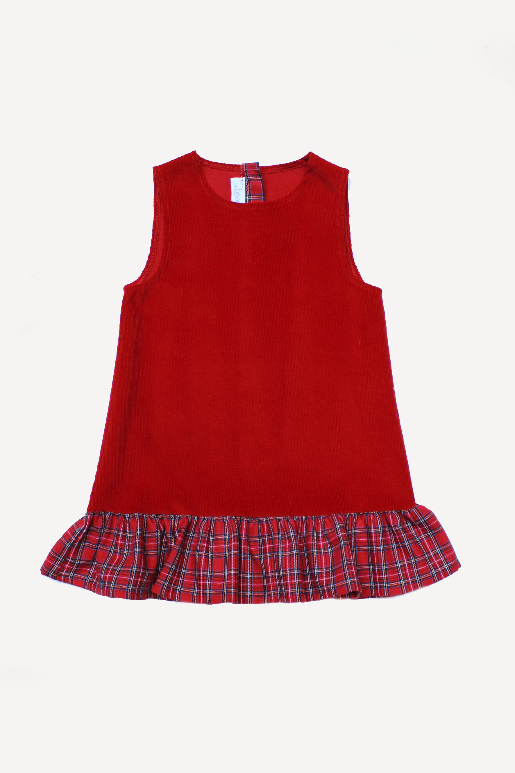 vestito bambina a trapezio in velluto rosso e scozzese