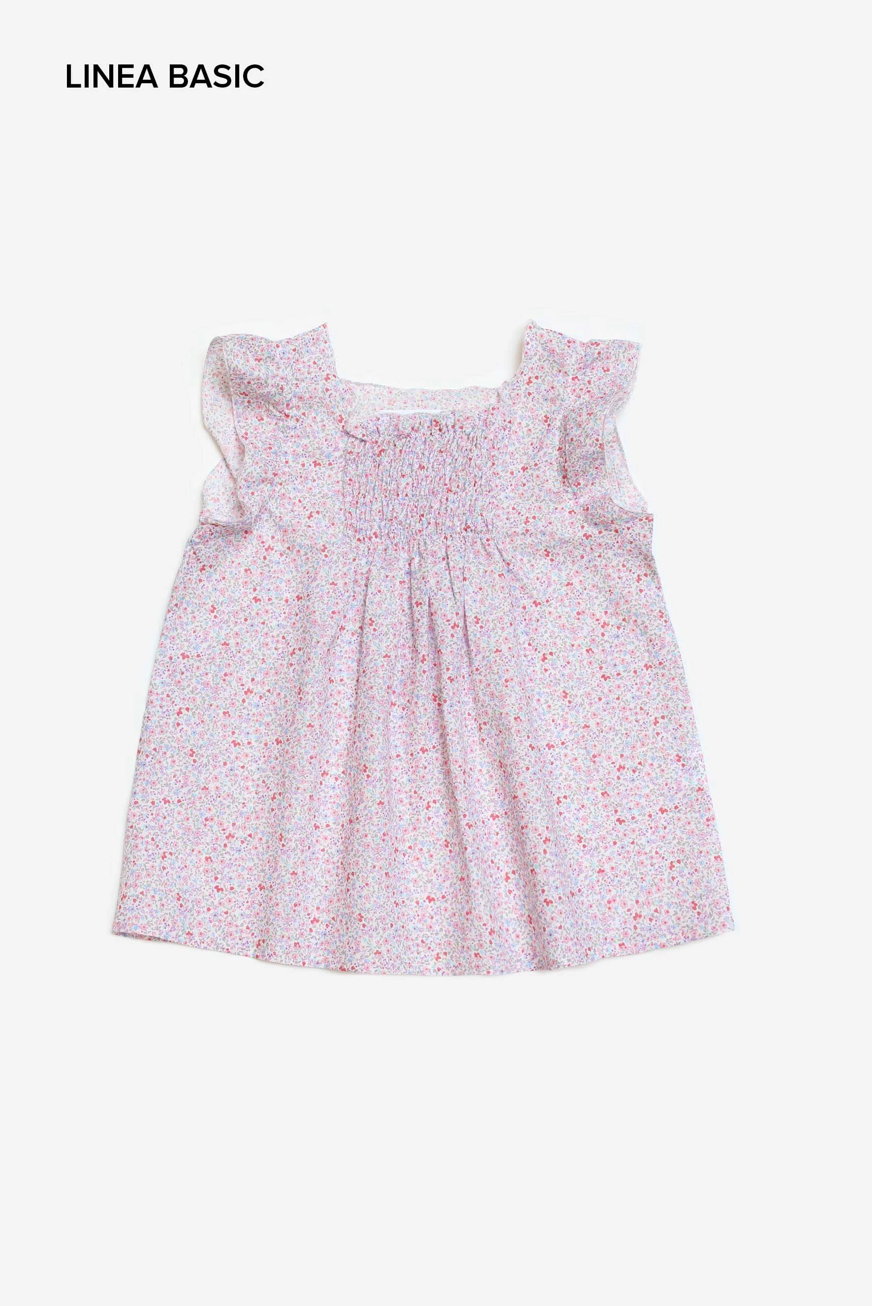 Camicia elasticata a fiori rossi e lilla