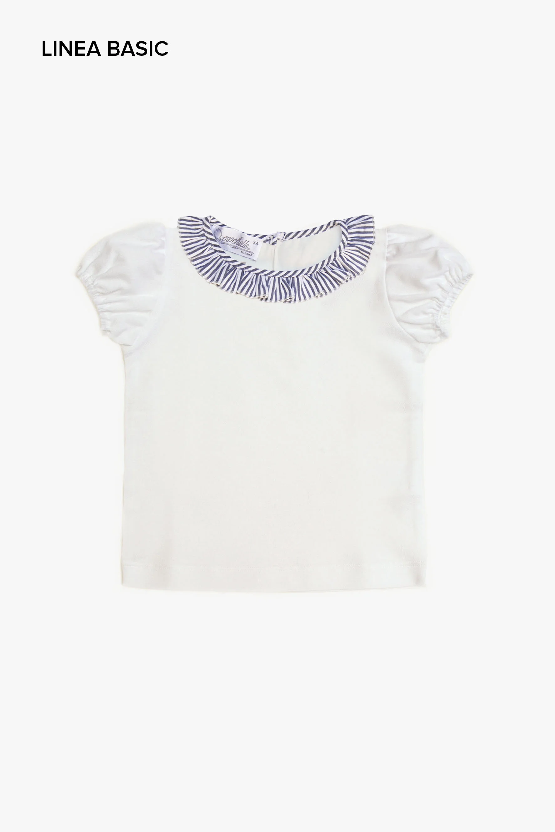 Maglietta bambina bianca con ruches righe blu