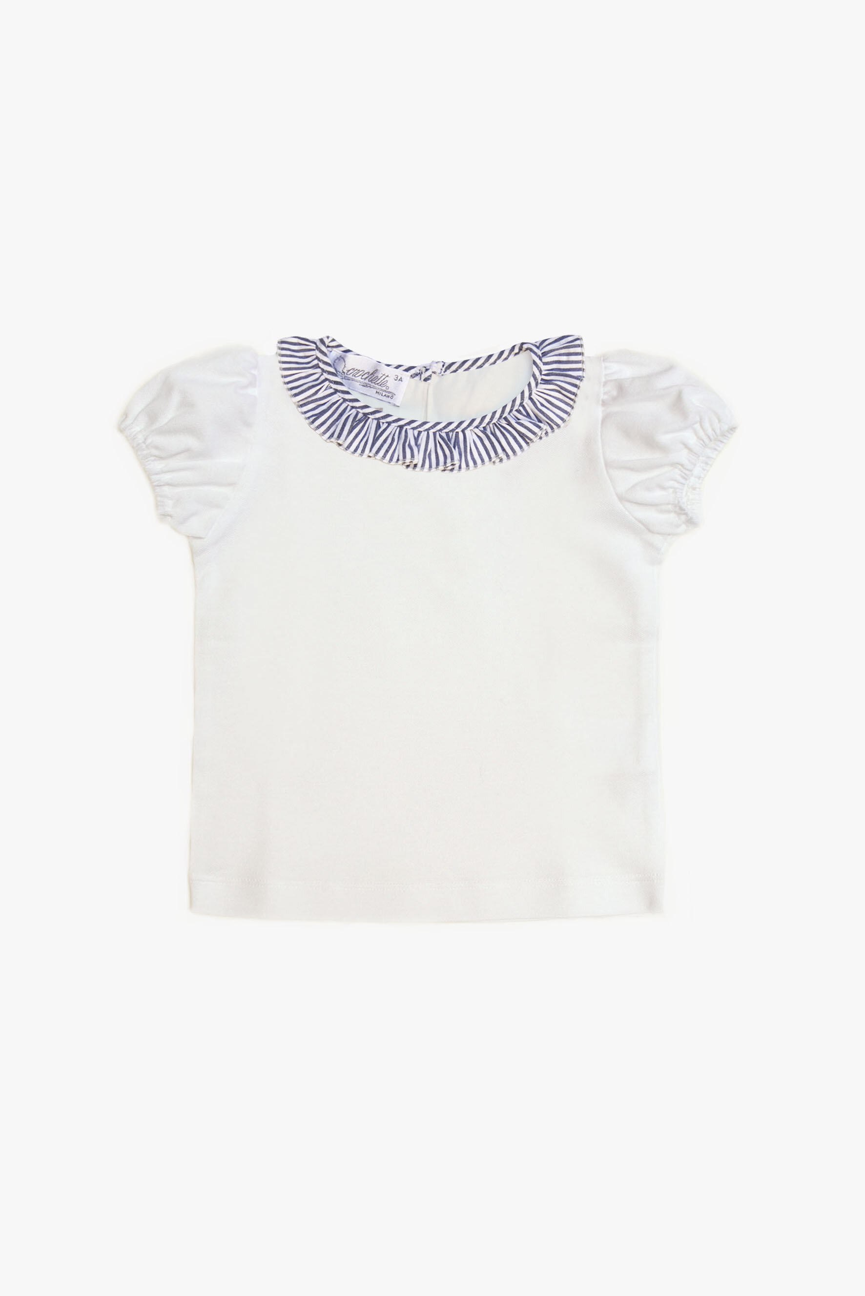 Maglietta bambina bianca con ruches a righe blu