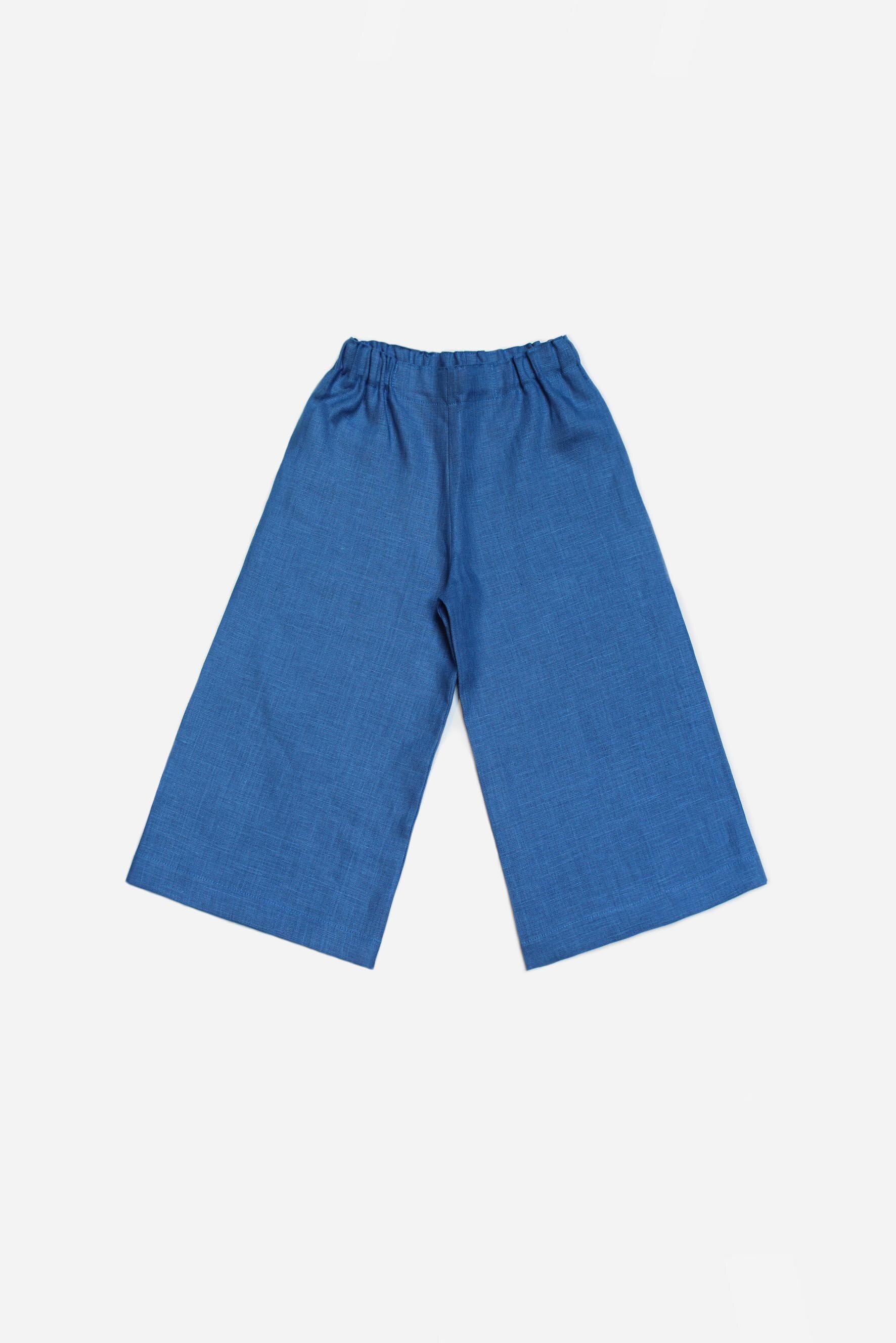 Pantaloni larghi bambina lino blu cobalto