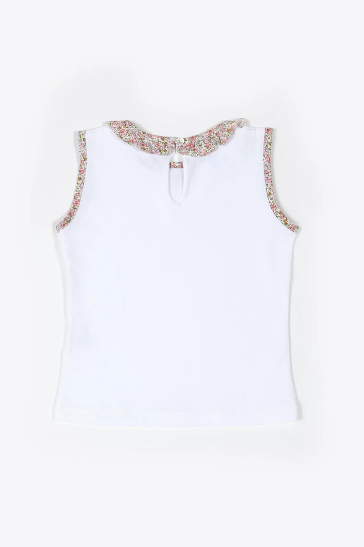 Canotta bambina bianca con ruches fiori malva tempo libero