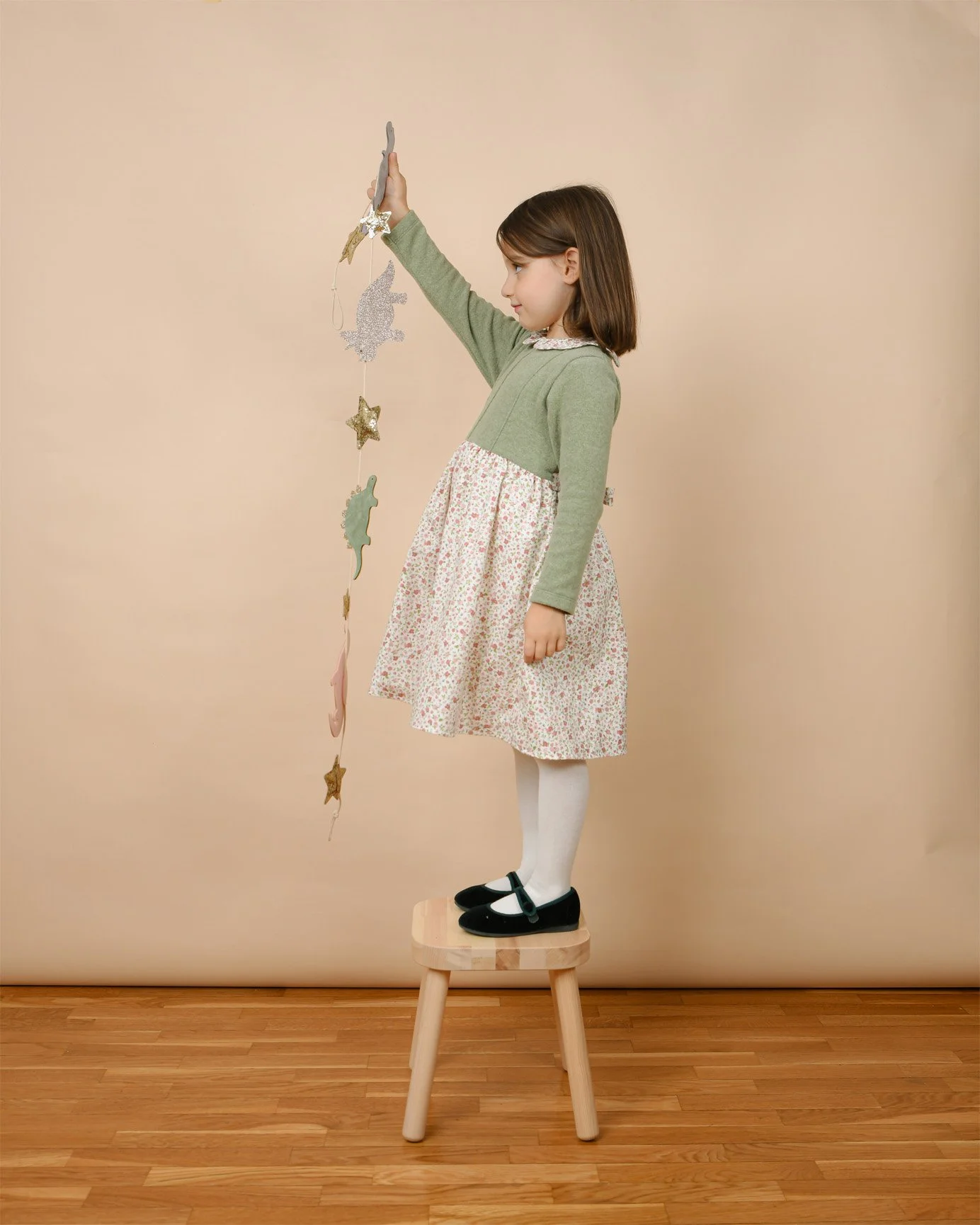 Maglia vestito bambina verde e fiori rosa