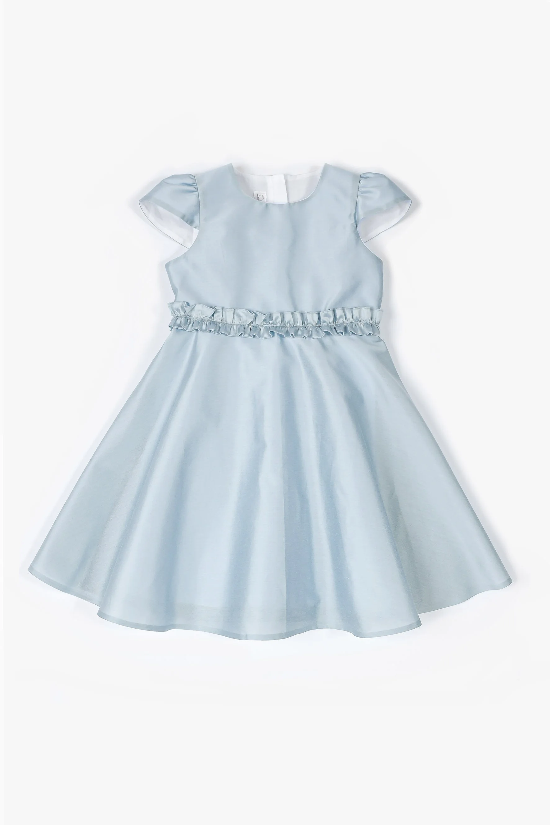 Vestito bambina raso azzurro polvere con rouches