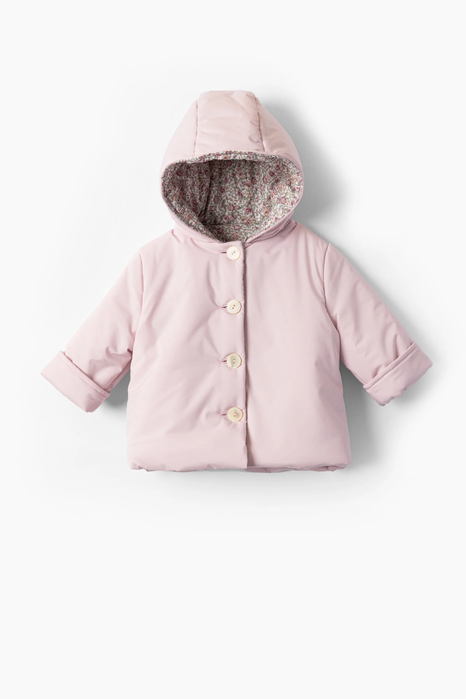Giacca imbottita con cappuccio rosa e fiore malva verde