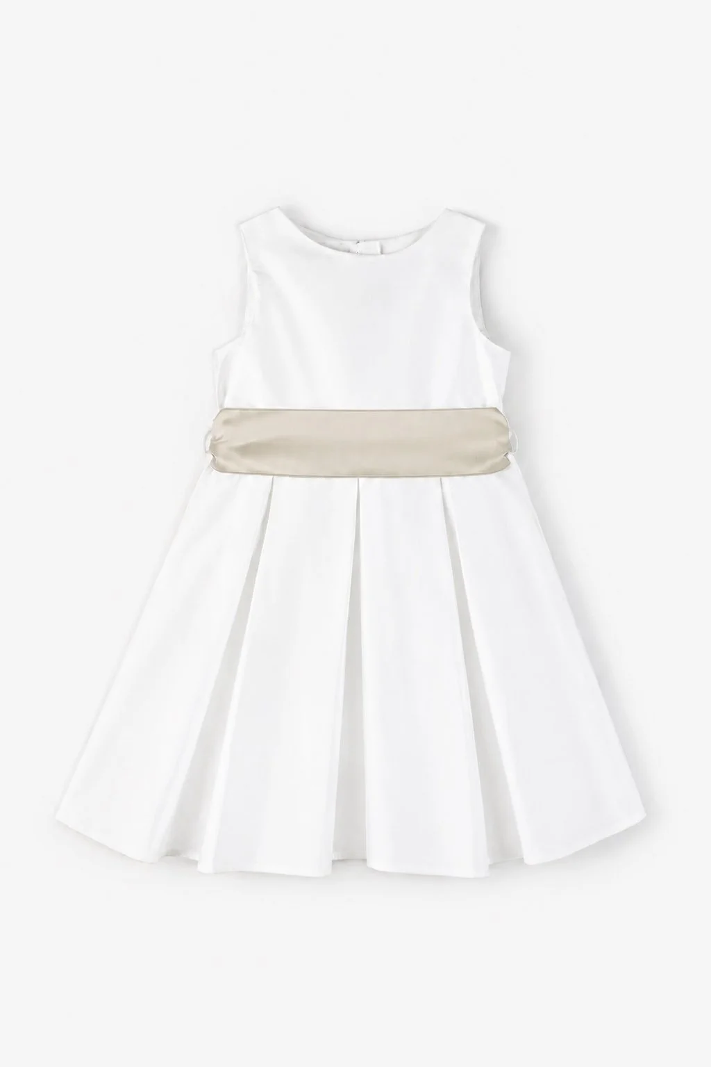 Scamiciato cerimonia bambina raso bianco a pieghe e cintura beige Crochette