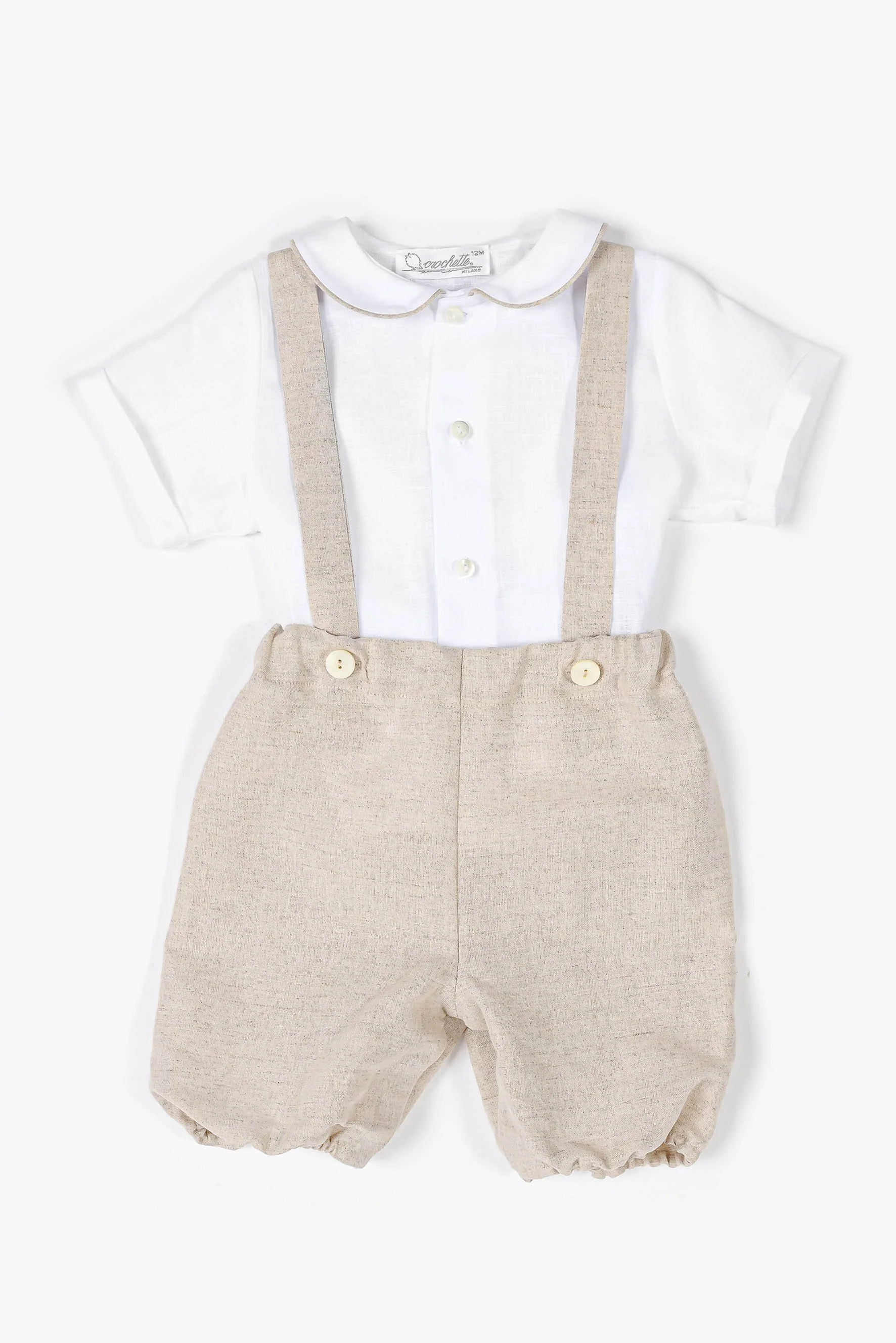 Completo cerimonia camicia lino bianco e zuava beige