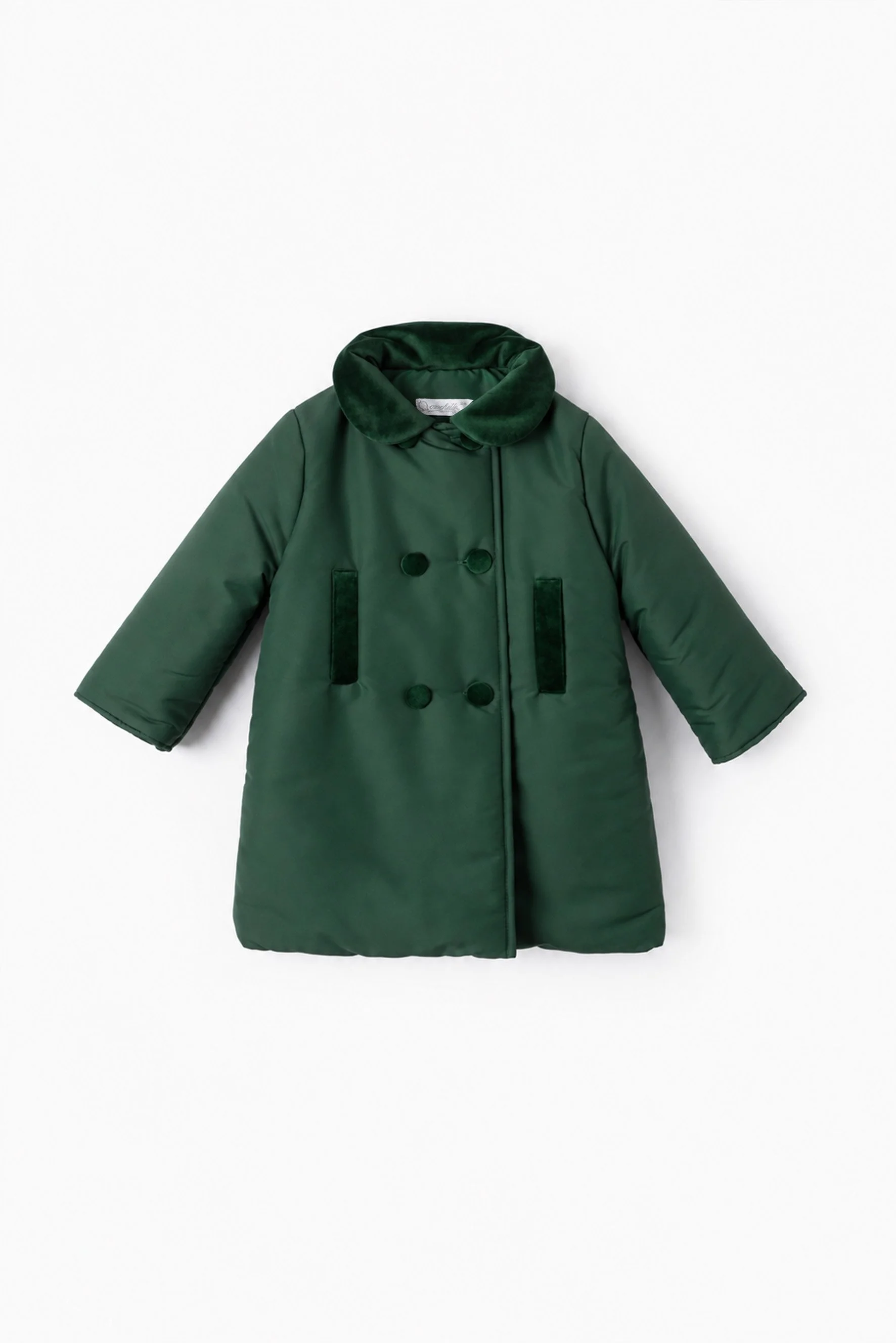 Cappotto imbottito unisex in microfibra e velluto liscio verde scuro