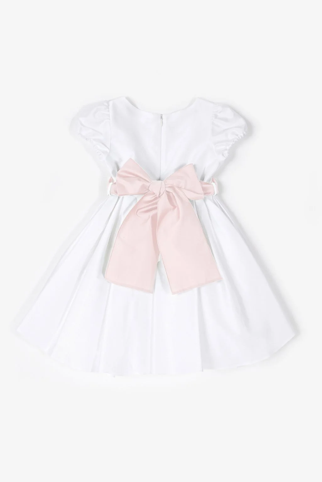 Vestito cerimonia bambina raso bianco a pieghe e cintura rosa Crochette